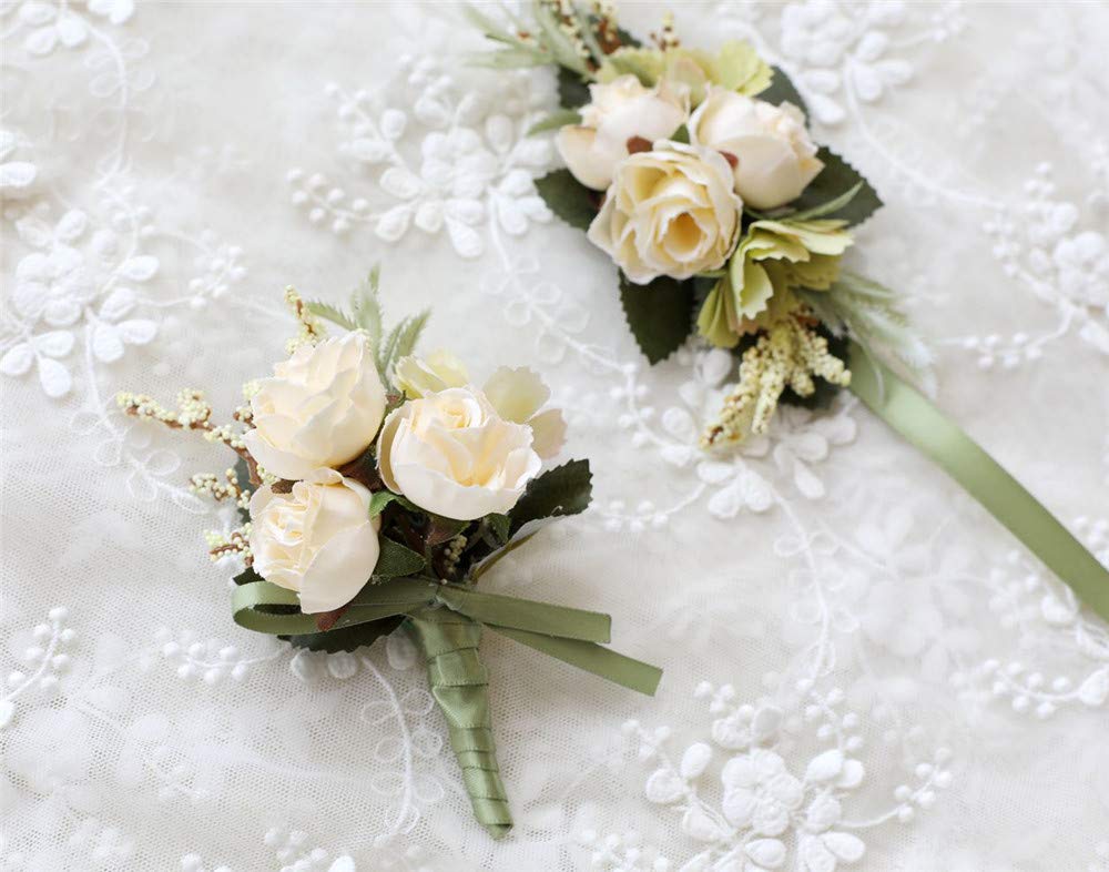 Artificial Rose Corsage and Boutonniere Set - Beige Wedding Flowers for Prom, Party & Suit Decoration - Perfect for Bridal Bouquets, Homecoming Dances and Formal Events