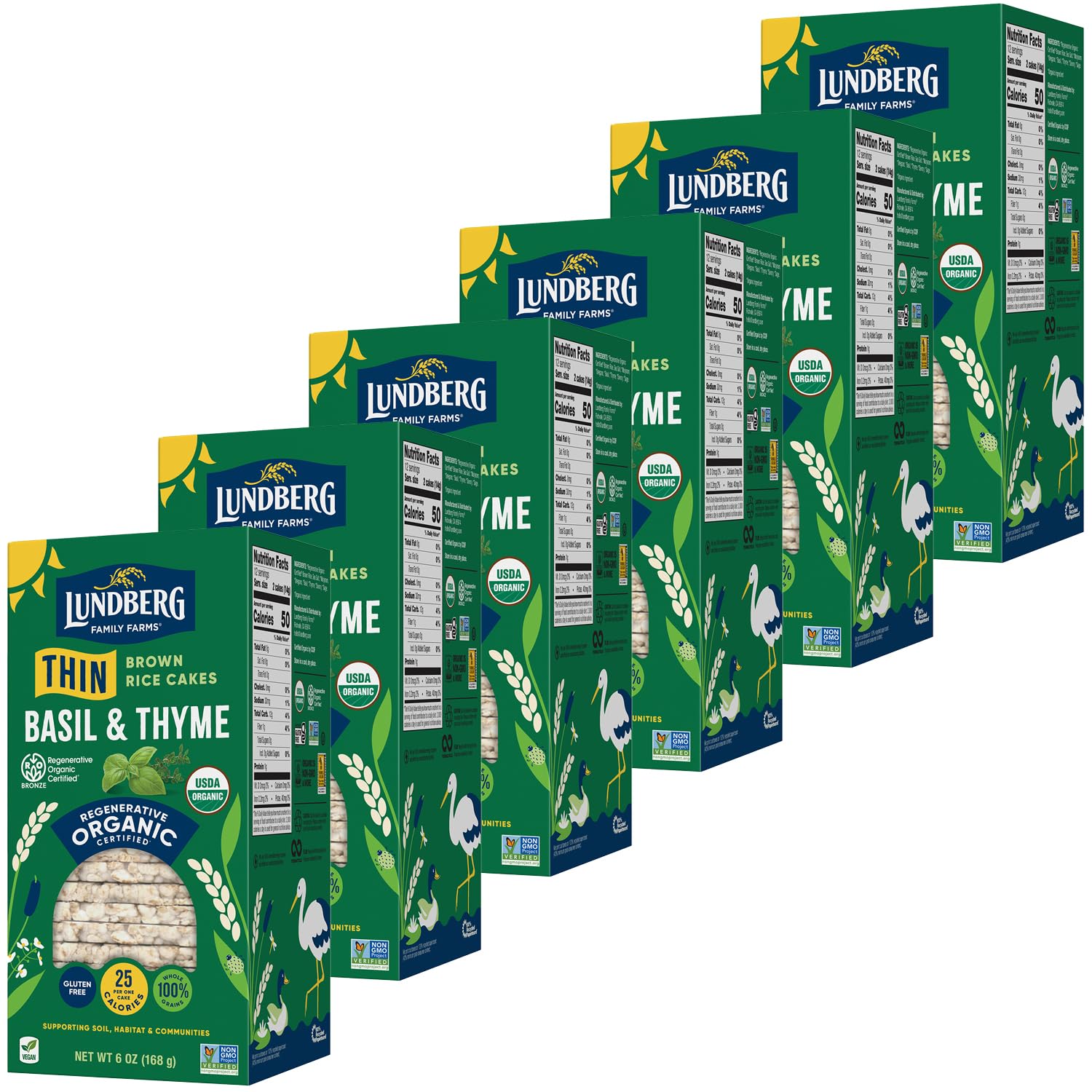 Lundberg Thin Brown Rice Cakes - Basil & Thyme Flavor, 6-Pack (6 Oz Each) | Regenerative Organic Certified, Vegan & Gluten-Free Healthy Snacks | Perfect for On-the-Go, Weight Loss & Keto Diets