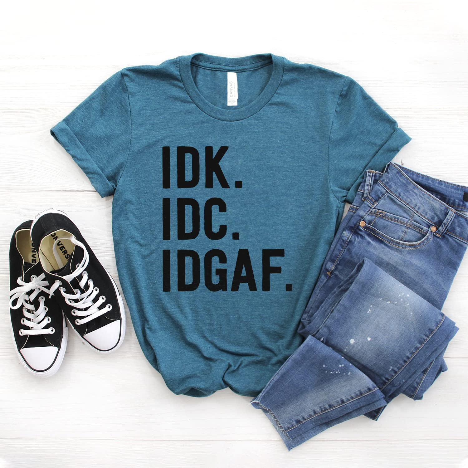 IDK IDC IDGAF Funny T-Shirt - Sarcastic Internet Meme Shirt for Nerds & Coworkers - Softstyle Unisex Tee - Perfect for Casual Wear, Office Humor, and Gift Giving