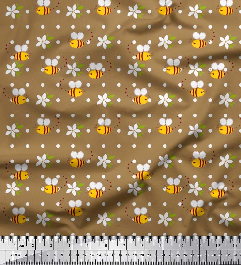 Soimoi Brown Polyester Crepe Fabric - Floral Honey Bee Print - for DIY Crafts & Home Decor