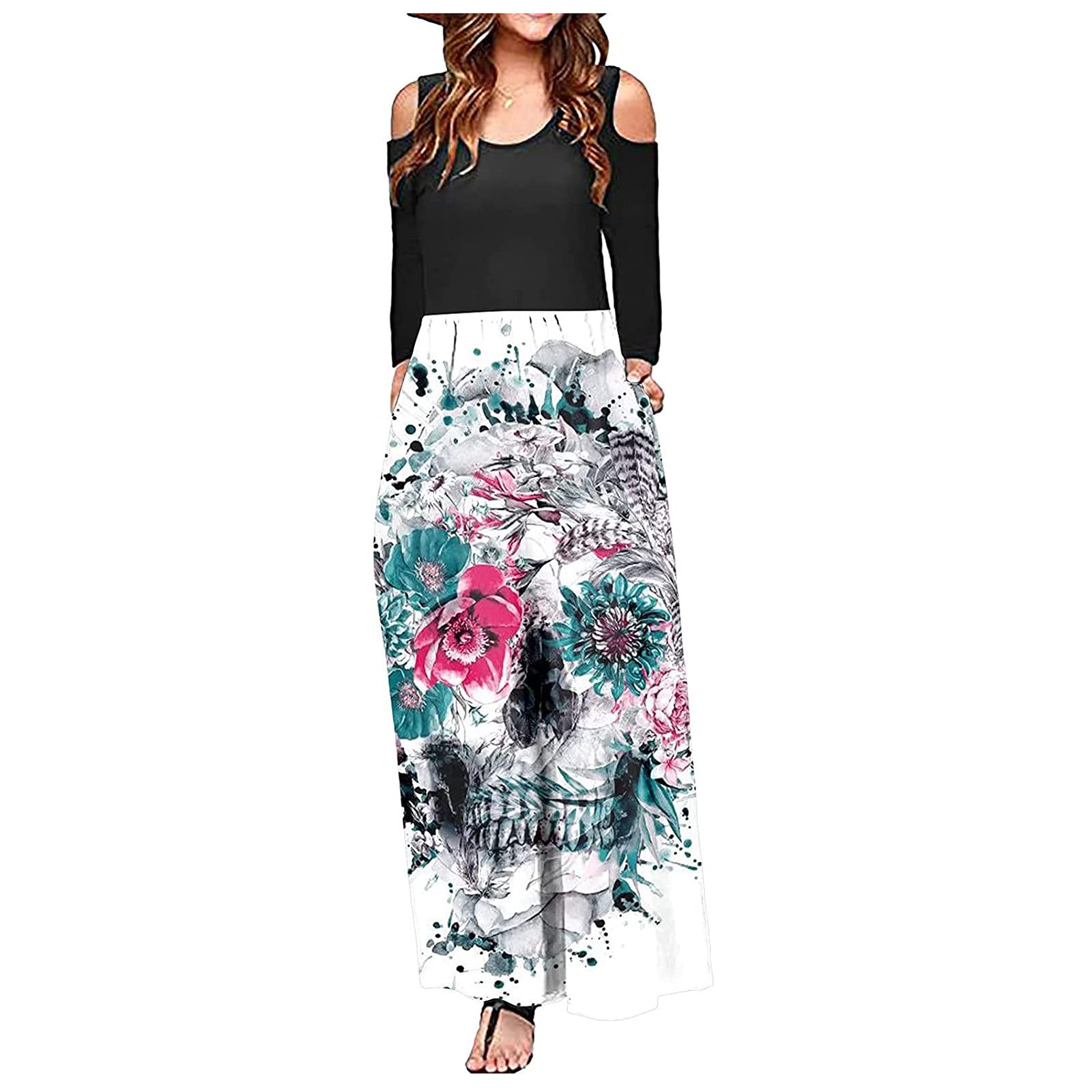 Twoker Women's Halloween Print High Waist Long Sleeve Maxi Dress - Casual Loose Long Dress for Semi Formal Occasions, Party, Holiday & Everyday Wear