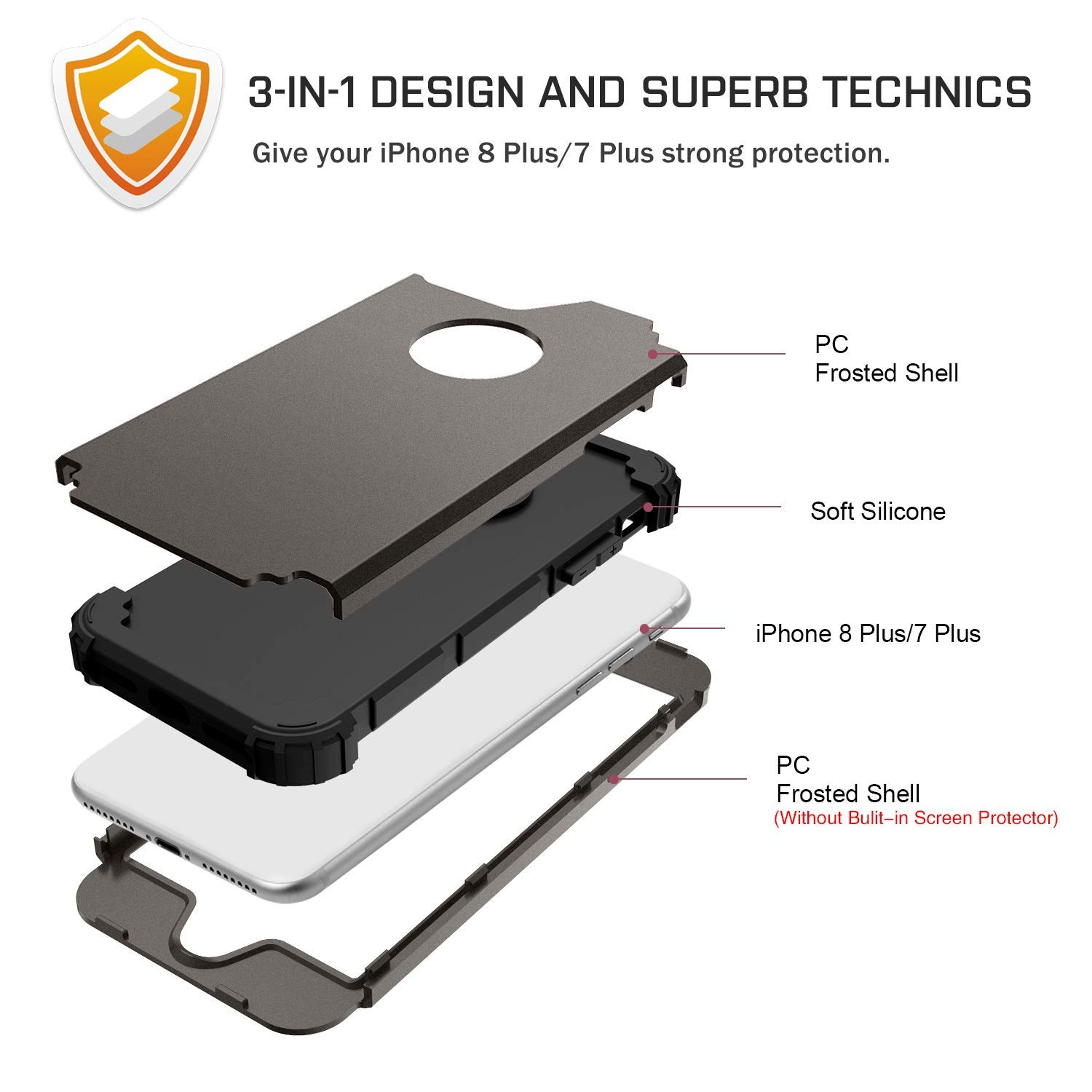 BENTOBEN Rugged iPhone 8 Plus/7 Plus Case - 3-in-1 Hybrid Protection with Hard PC Shell & Soft Rubber Bumper | Shockproof, Anti-Slip, Heavy Duty Cover in Gunmetal | Perfect for Outdoor, Construction & Active Lifestyle Use