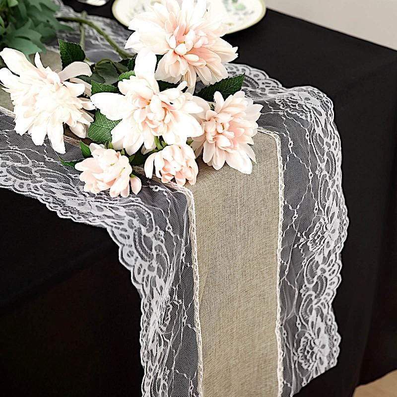16x108 Faux Burlap with Lace Table Runner - Elegant Farmhouse Dining Decor for Weddings, Parties & Holiday Tablescapes