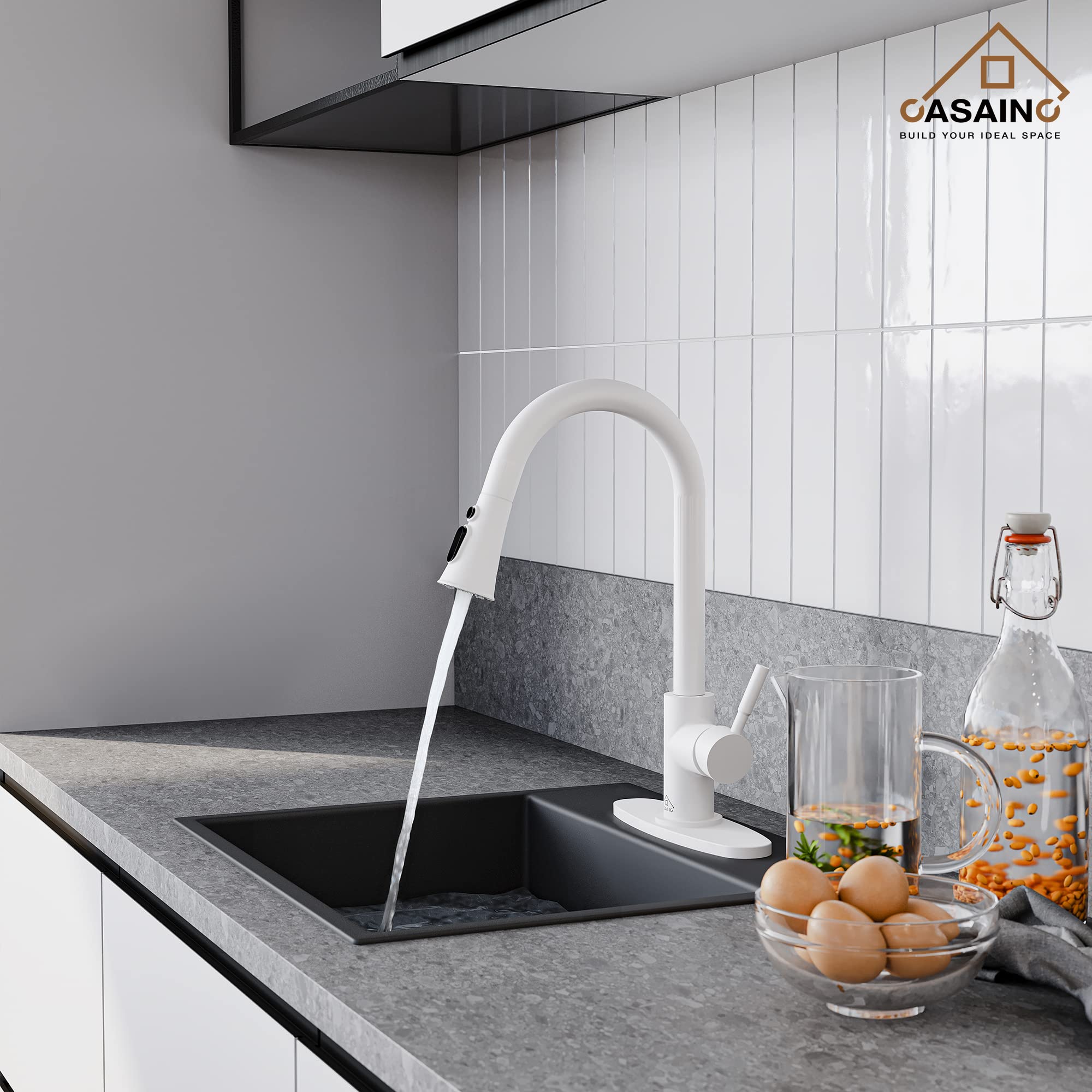 Premium Matte White Kitchen Faucet with Pull Down Sprayer - 3 Function Spray Modes & Pause Button - 1.8 GPM Lead-Free Copper Construction - 15.25