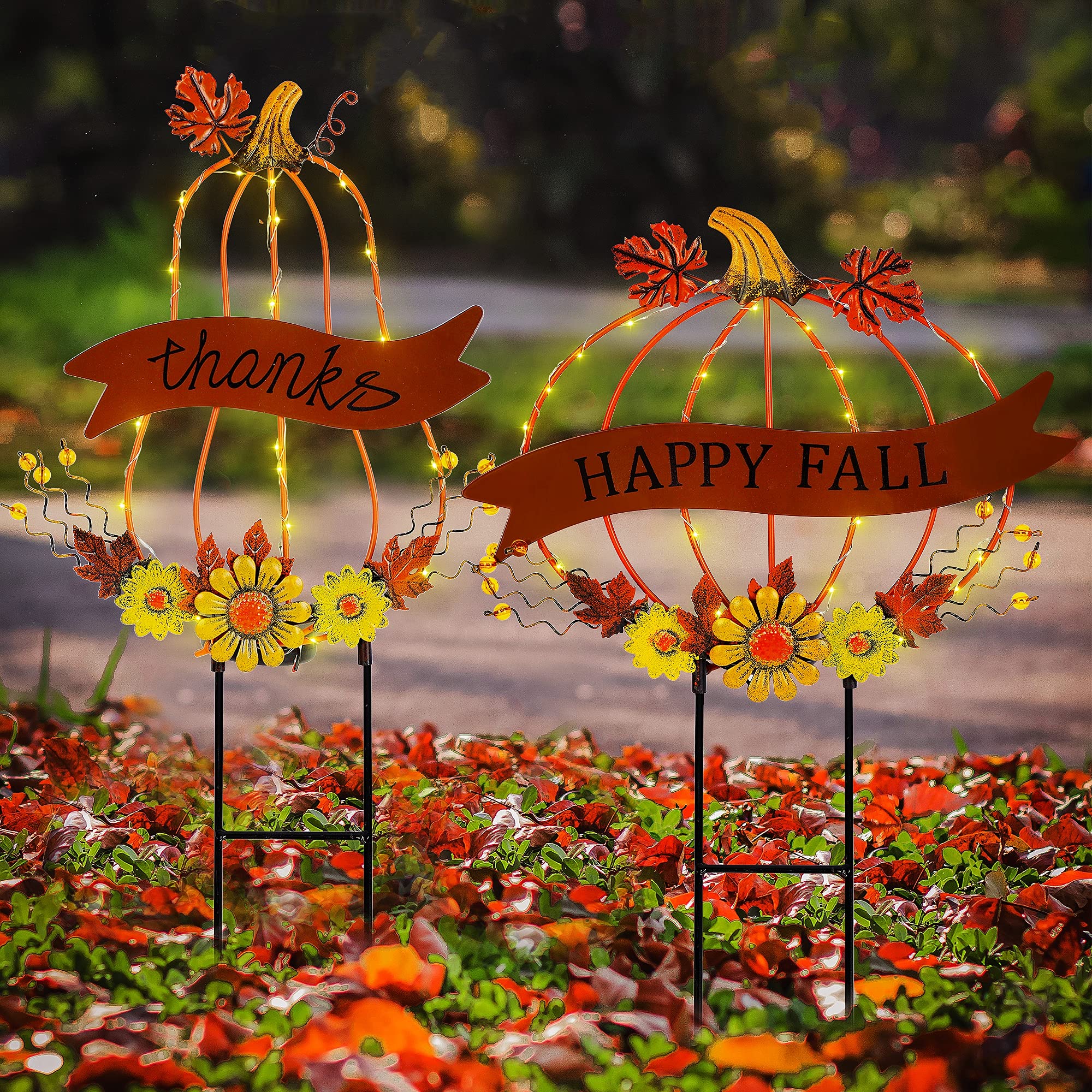 Juegoal 2 Pack Solar Powered Metal Pumpkin Garden Stakes - Outdoor Fall Decorations with LED Lights for Thanksgiving & Autumn Yard Decor - Perfect for Halloween, Harvest Festival & Seasonal Home Decoration