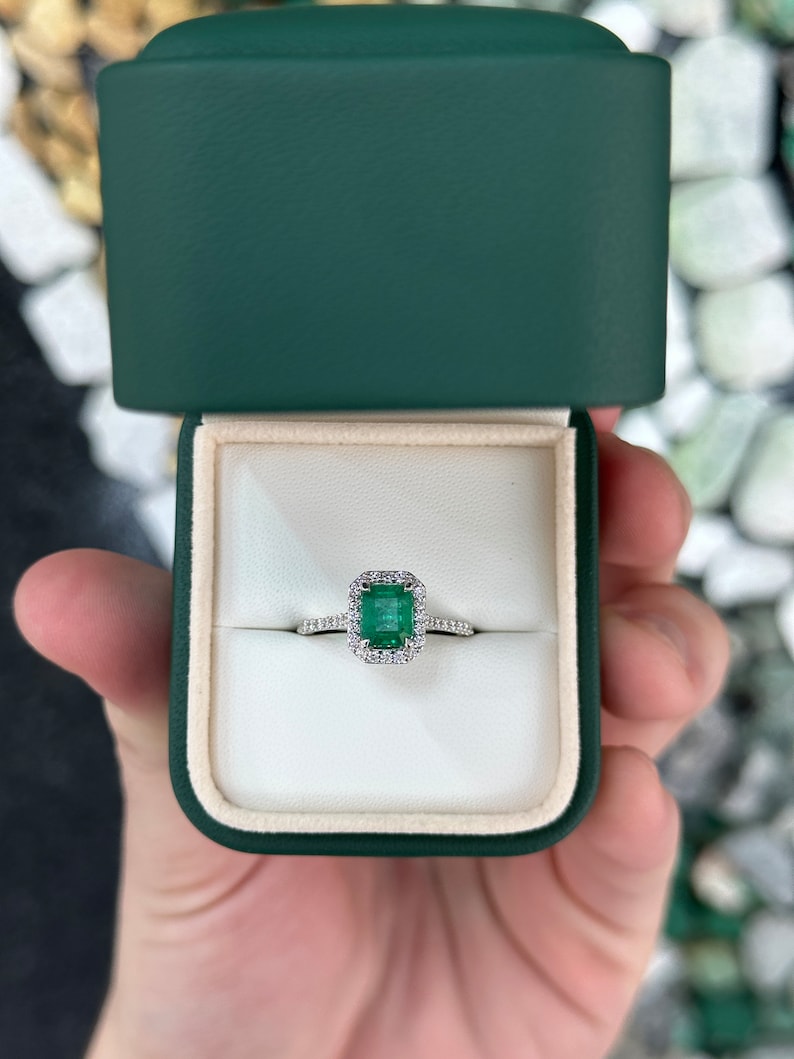 1.81tcw 14K Gold Emerald Cut Diamond Engagement Ring with Halo Shank - Elegant Green Gemstone Jewelry for Wedding, Proposal & Anniversary Gifts