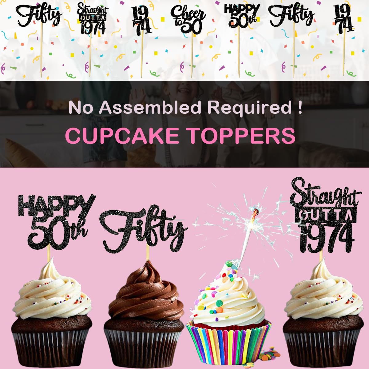 30PCS 50th Birthday Cupcake Toppers - Gold & Black 1974 Themed Party Decorations for Men & Women - Cheers to 50 Years Celebration Supplies for Anniversary Cakes, Desserts & Party Decor