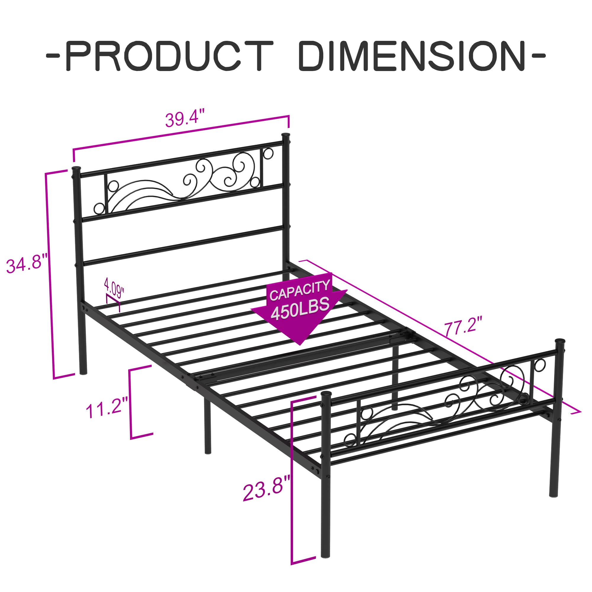 Weehom Heavy Duty Metal Twin Bed Frame with Steel Slats & Headboard - Under Bed Storage Platform, Black - Perfect for Small Spaces, Guest Rooms & Kids' Bedrooms