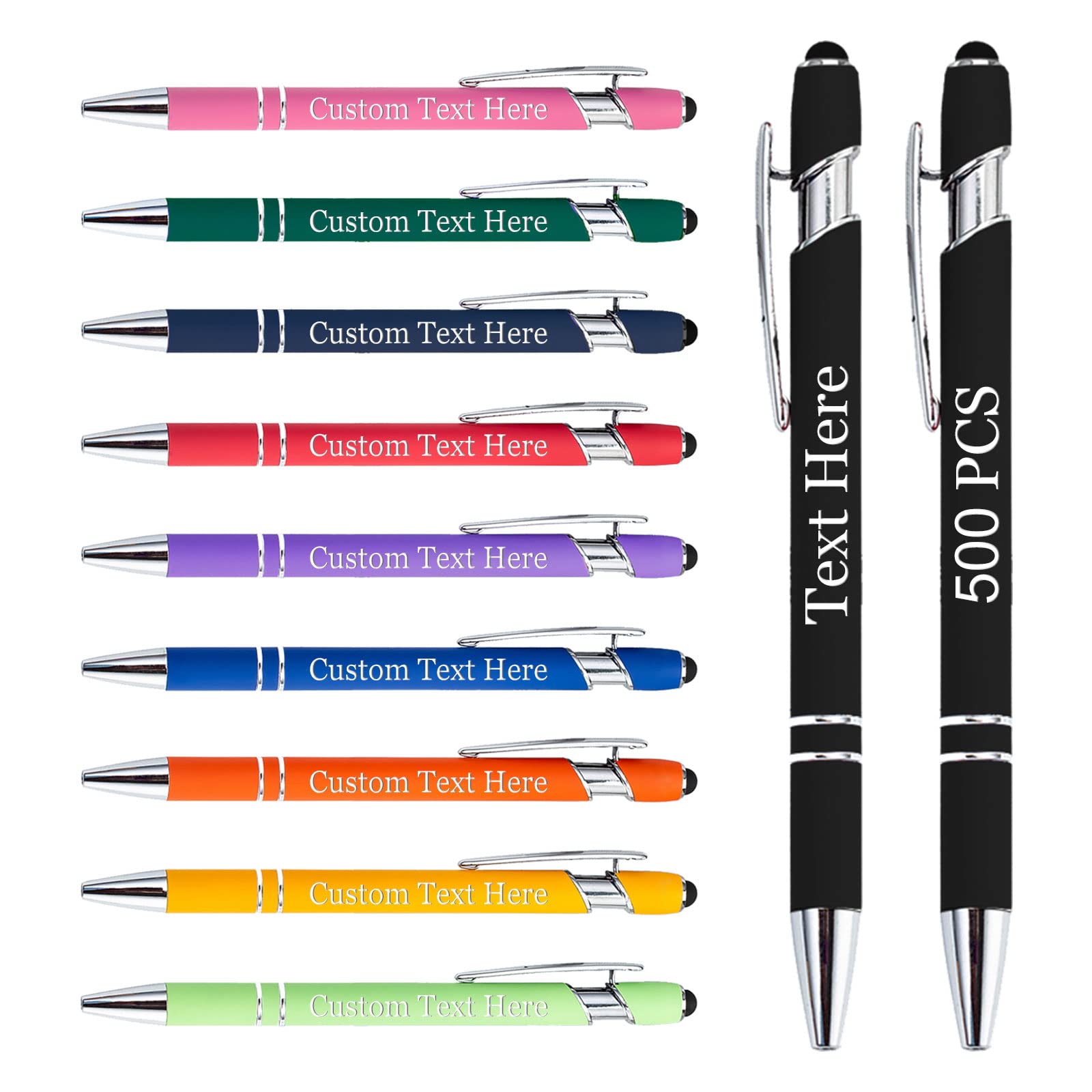 500 Personalized Custom Pens with Name & Text - Engraved Ballpoint Pens with Stylus Tip for Business, Party, Wedding & Birthday Gifts | Bulk Office Supplies, Promotional Items & Corporate Giveaways