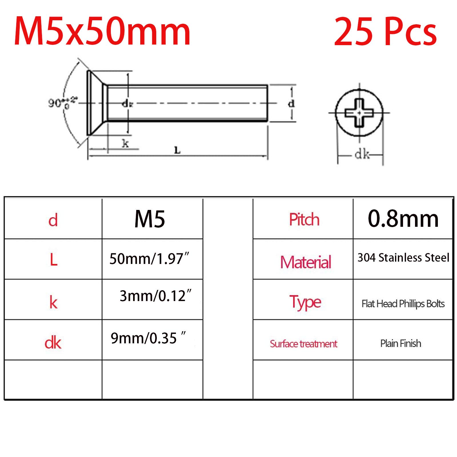 25 Pcs M5-0.8x50mm 304 Stainless Steel Flat Head Machine Screws for Furniture & Electronics