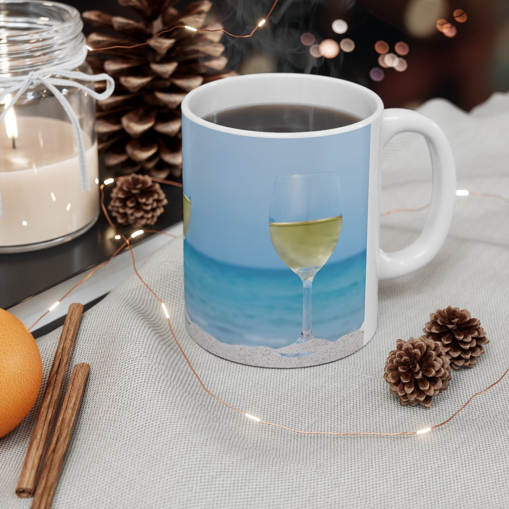Beachy Wine Ceramic Mug - 16oz Handmade Coastal Design Coffee Cup for Beach Lovers, Perfect for Wine, Tea & Hot Drinks - Great for Home, Office & Outdoor Picnics
