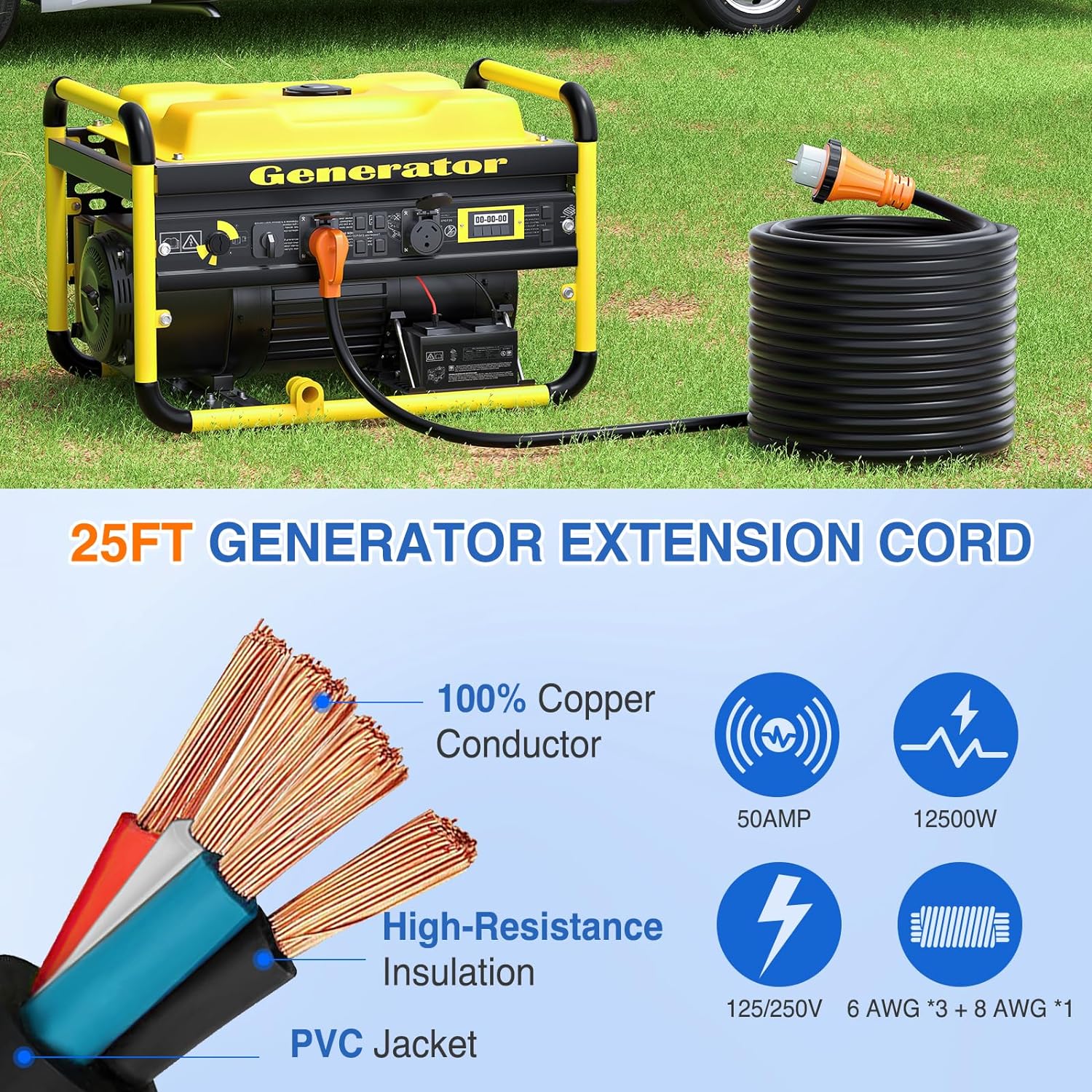50 Amp 25 FT Heavy Duty Generator Extension Cord - 125/250V, 4 Prong Power Cord for RV, Home Backup & Outdoor Use