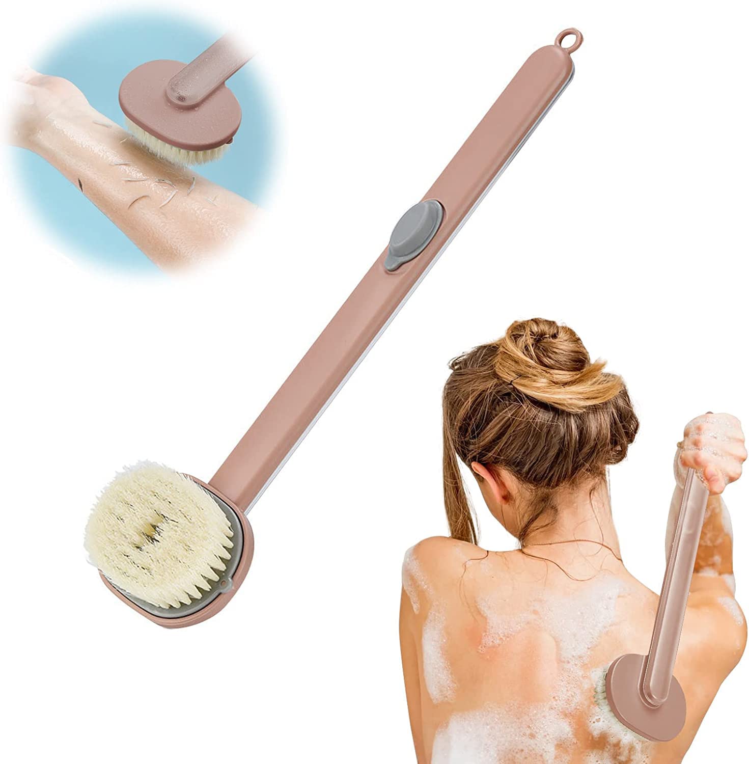 SANTINA Long Handle Soft Bristle Bath Brush with Soap Dispenser - Exfoliating Shower Scrubber for Men & Women - Back Massage & Body Cleansing - Perfect for Deep Cleaning & Skin Exfoliation in Shower or Bath