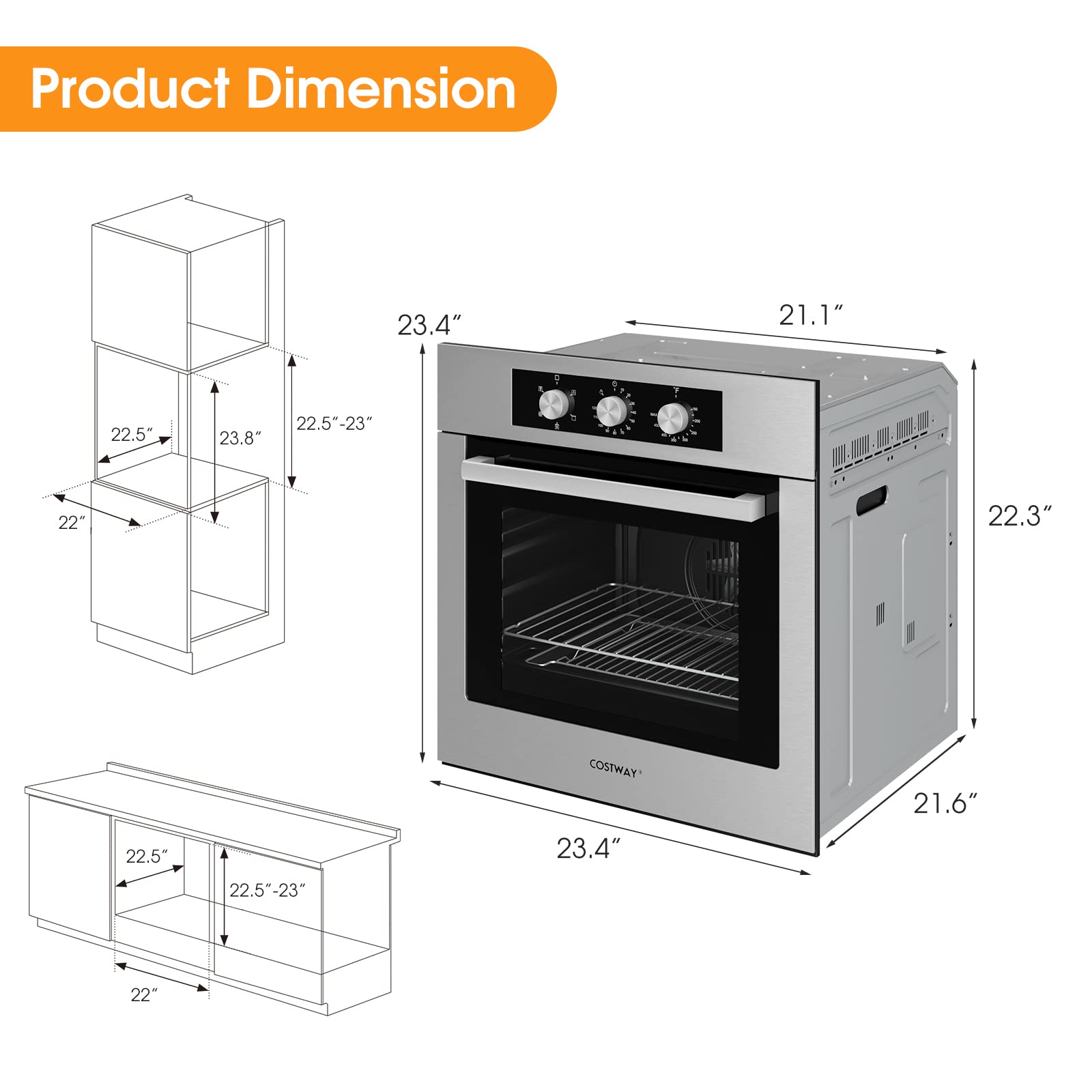 COSTWAY 24 Inch Built-In Electric Wall Oven - 2300W Stainless Steel Single Oven with 2.47 Cu.Ft Capacity, 5 Cooking Modes & 360° Hot Air Circulation - Perfect for Baking, Roasting, and Family Cooking in Modern Kitchens