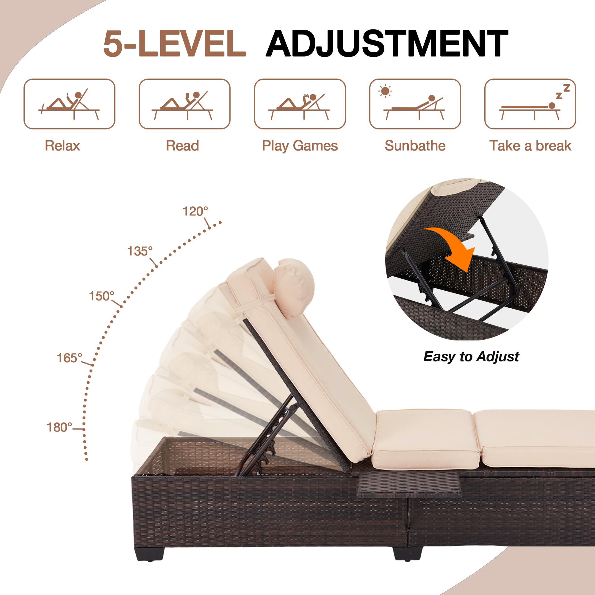 HOMREST 2-Piece PE Wicker Patio Lounge Chair Set with Adjustable Headrest & Soft Cushions - 5 Reclining Positions, Storage Rack - Outdoor Chaise Lounge for Poolside, Backyard, Garden Relaxation (Khaki)
