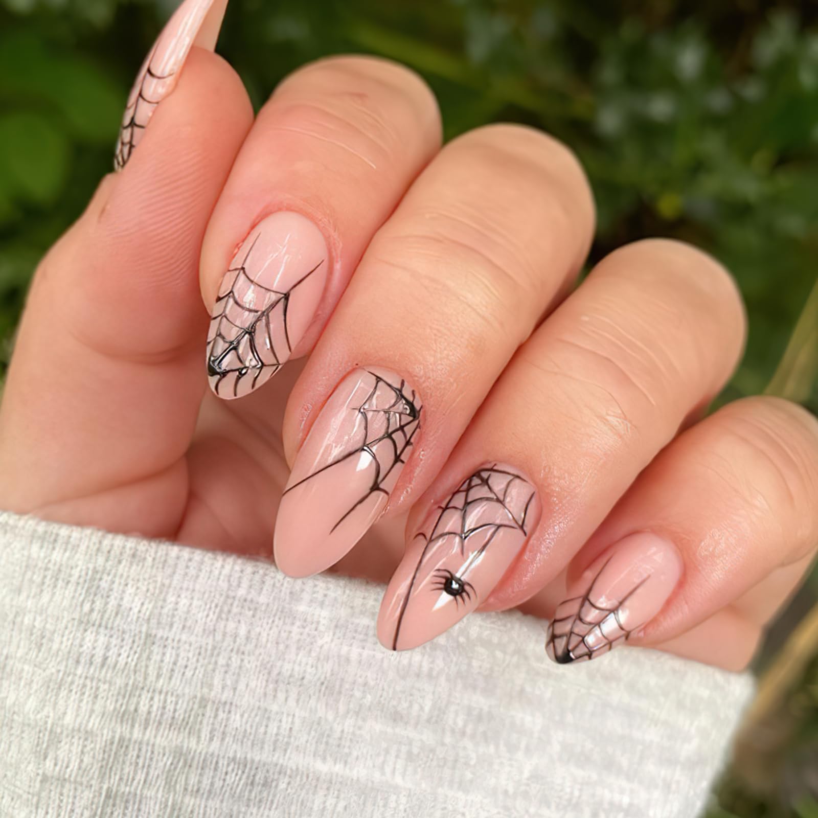 **Spider Design Halloween Press-On Nails - Short Almond Fake Nails with 3D Web French Tips (24Pcs) | Glossy Nude Pink False Nails for Women & Girls | Perfect for Halloween Parties, Cosplay & Spooky Nail Art**