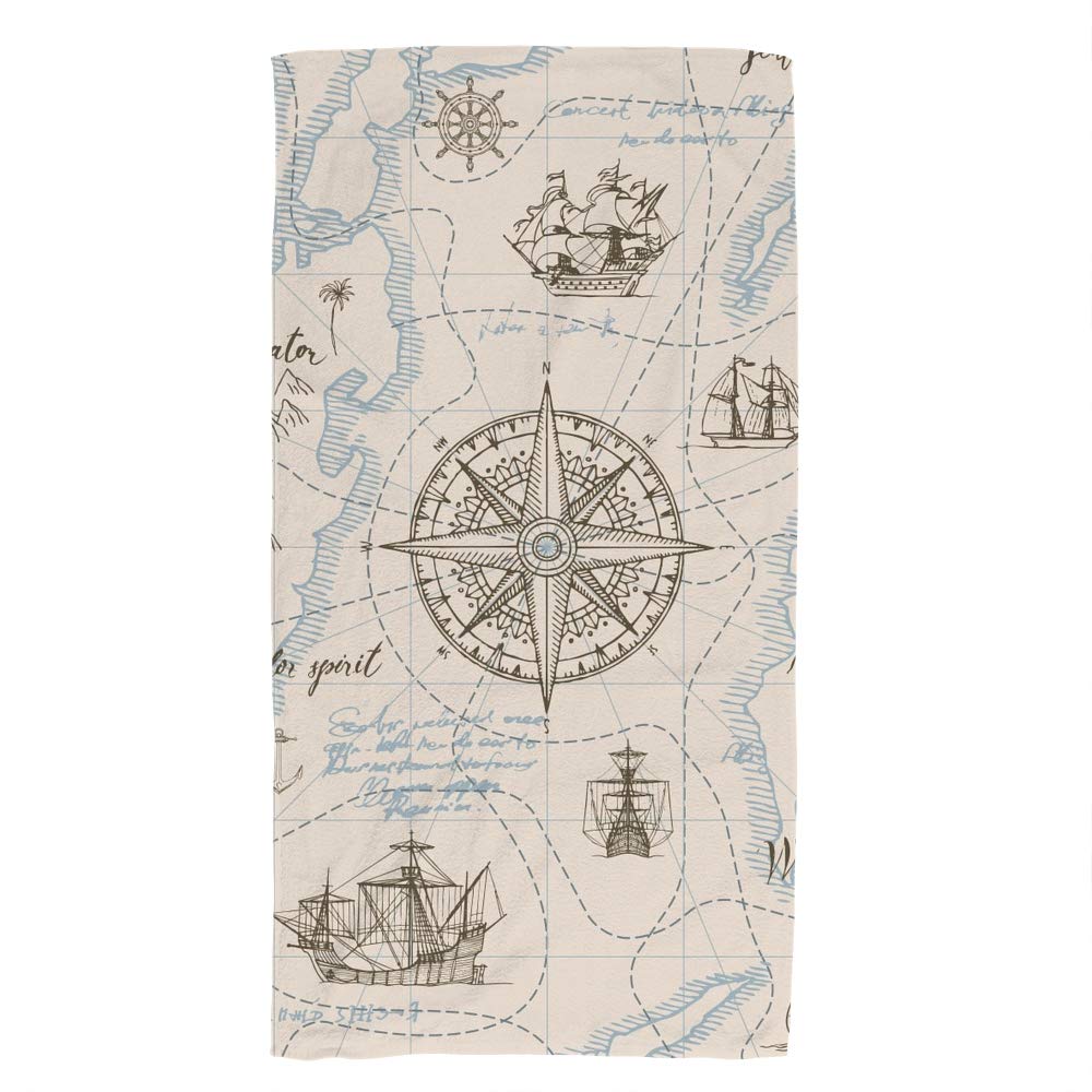 Premium Terry Cotton Face Towel & Washcloth Set - Soft, Quick-Dry 30x15 Inch Bath Towels for Spa, Hotel & Kitchen Use - Retro Map Design Home Decor Gift