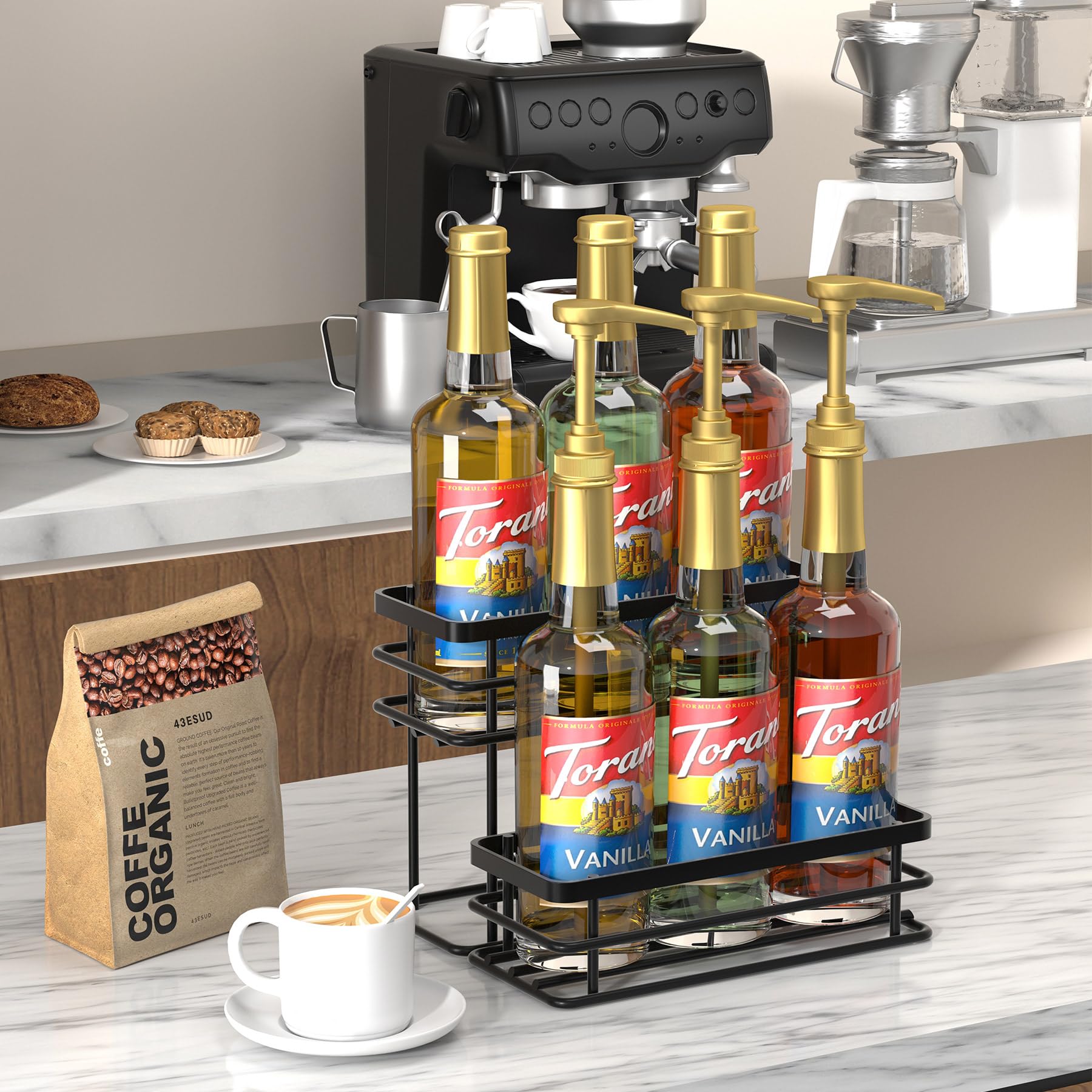 2-Tier Coffee Syrup Organizer Rack - Spice & Seasoning Storage for Kitchen Cabinet, Countertop, Pantry - Compact Wine Rack for Home - Perfect for Coffee Bars, Breakfast Nooks & Small Kitchen Organization (Black)