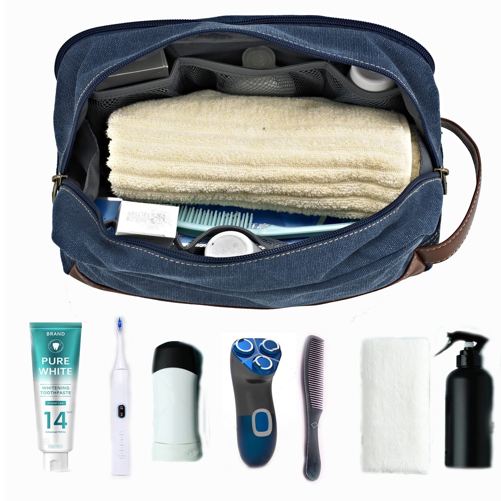 Water-Resistant Travel Toiletry Bag for Men & Women - Hanging Canvas Dopp Kit Organizer with Vegan Leather - Perfect for Camping, Gym & Business Trips