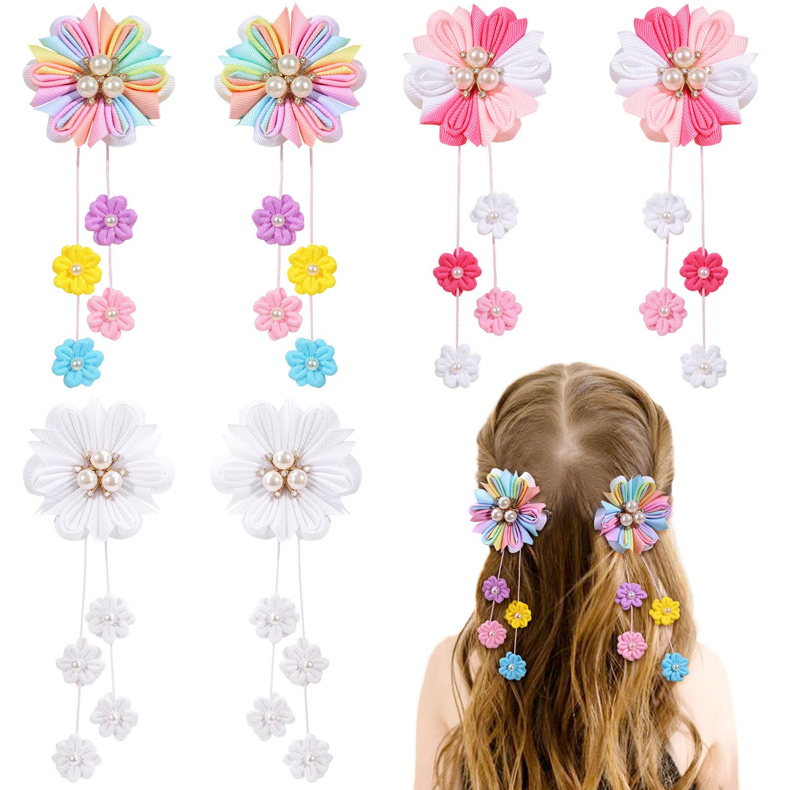 OAOLEER 6PCS Girls Hair Bows with Alligator Clips - Flower Hair Accessories for Kids & Teens - Grosgrain Ribbon Bows for School, Parties, Weddings & Special Occasions (Flower Bows-A)