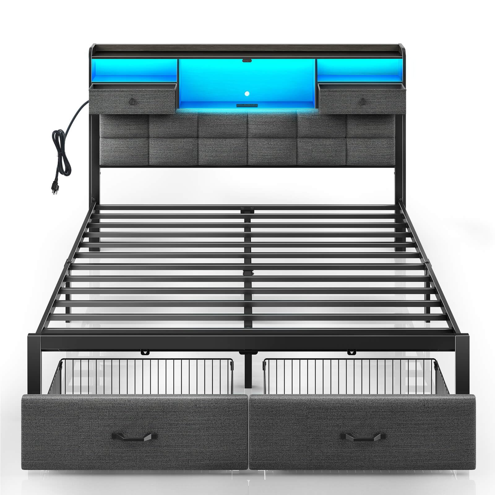 Rolanstar Full Size Upholstered Platform Bed Frame with Storage Drawers, USB Charging Station & LED Headboard - Heavy Duty Metal Frame, No Box Spring Needed, Noise Free, Grey - Perfect for Small Bedrooms, Guest Rooms & Modern Apartments