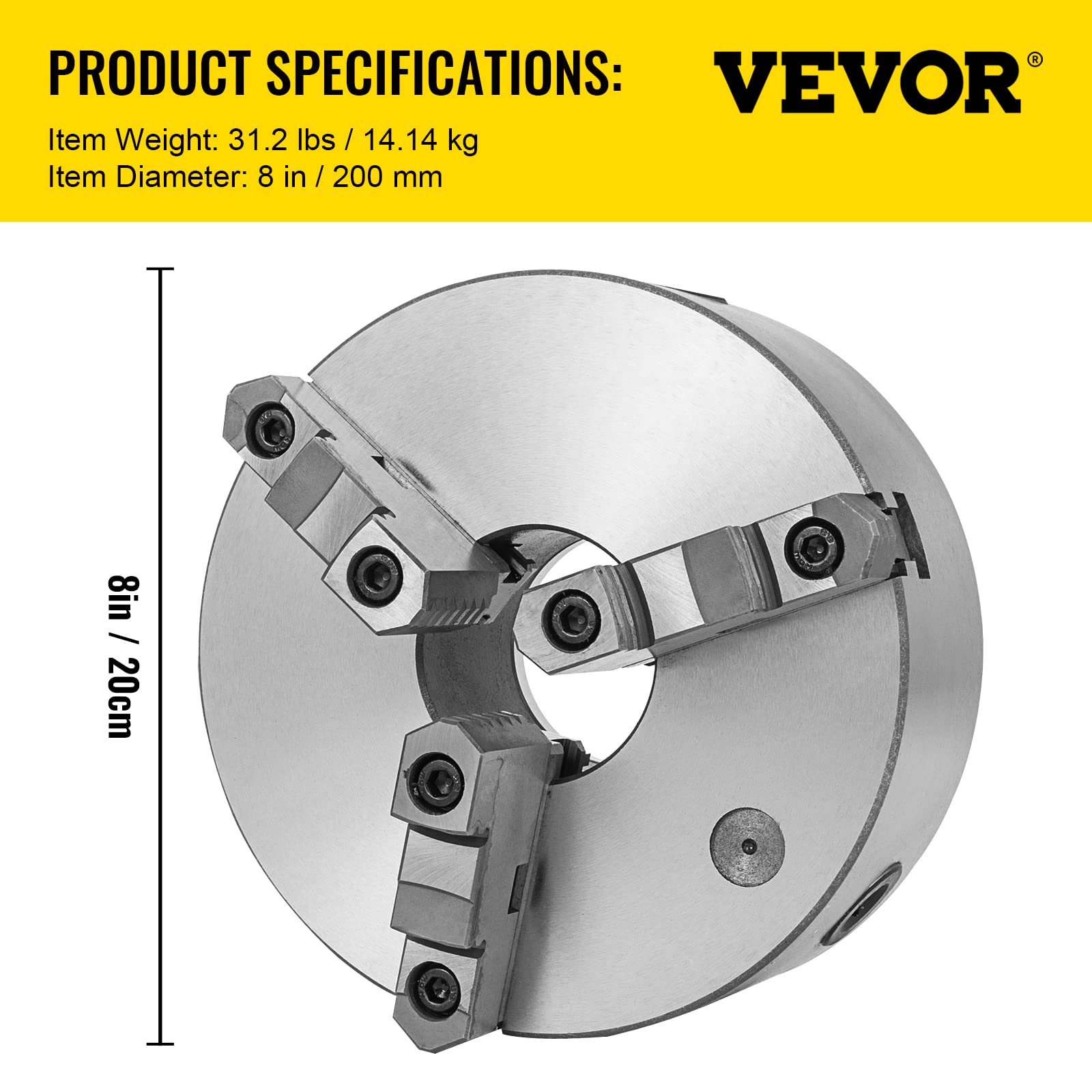 OrangeA K11-200 8 Inch 3 Jaw Self Centering Lathe Chuck - Hardened Steel Jaws for Internal & External Grinding - Compatible with Lathe, Drilling & Milling Machines - Perfect for Metalworking, Woodturning & DIY Projects