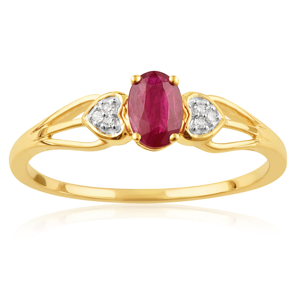 9ct Yellow Gold 6x4mm Oval Natural Ruby & Diamond Ring for Women - Elegant Engagement, Wedding, Anniversary Gift Jewelry - Perfect for Valentine's Day, Birthday & Special Occasions