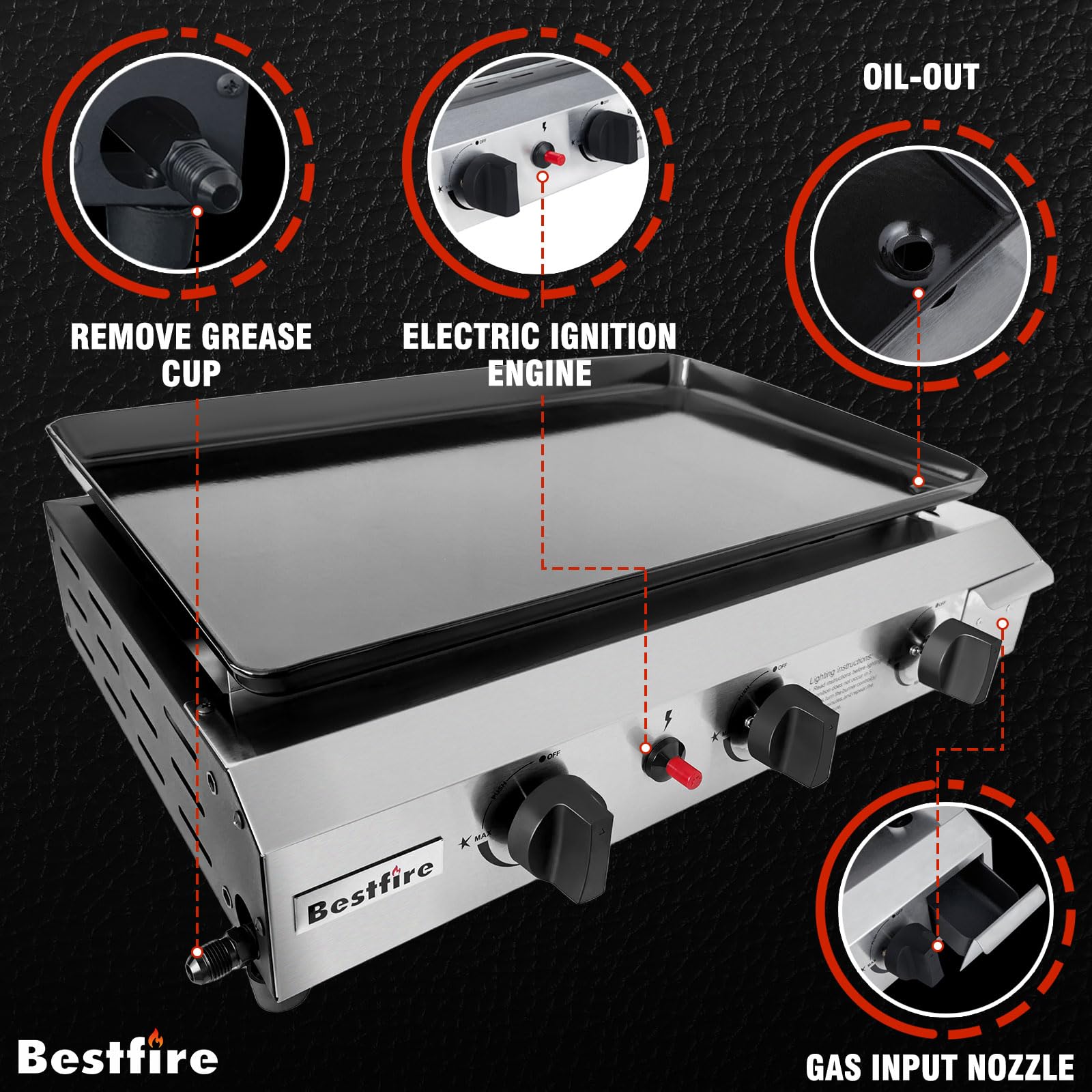 BESTFIRE 23-Inch Flat Top Grill with 3 Burners - 30,000 BTU Portable Propane Gas Griddle - Detachable Stainless Steel Outdoor Cooking Station for Backyard, Camping & Tailgating Parties