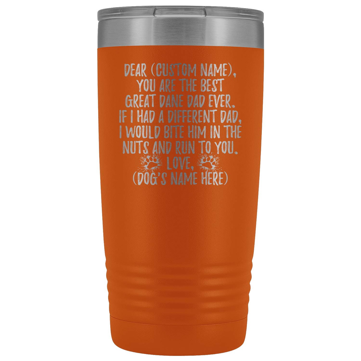 **Personalized Great Dane Dog Dad Tumbler - 20oz Insulated Stainless Steel Cup for Dog Lovers - Custom German Mastiff Gift for Men - Orange - Perfect for Coffee, Tea & Outdoor Adventures**