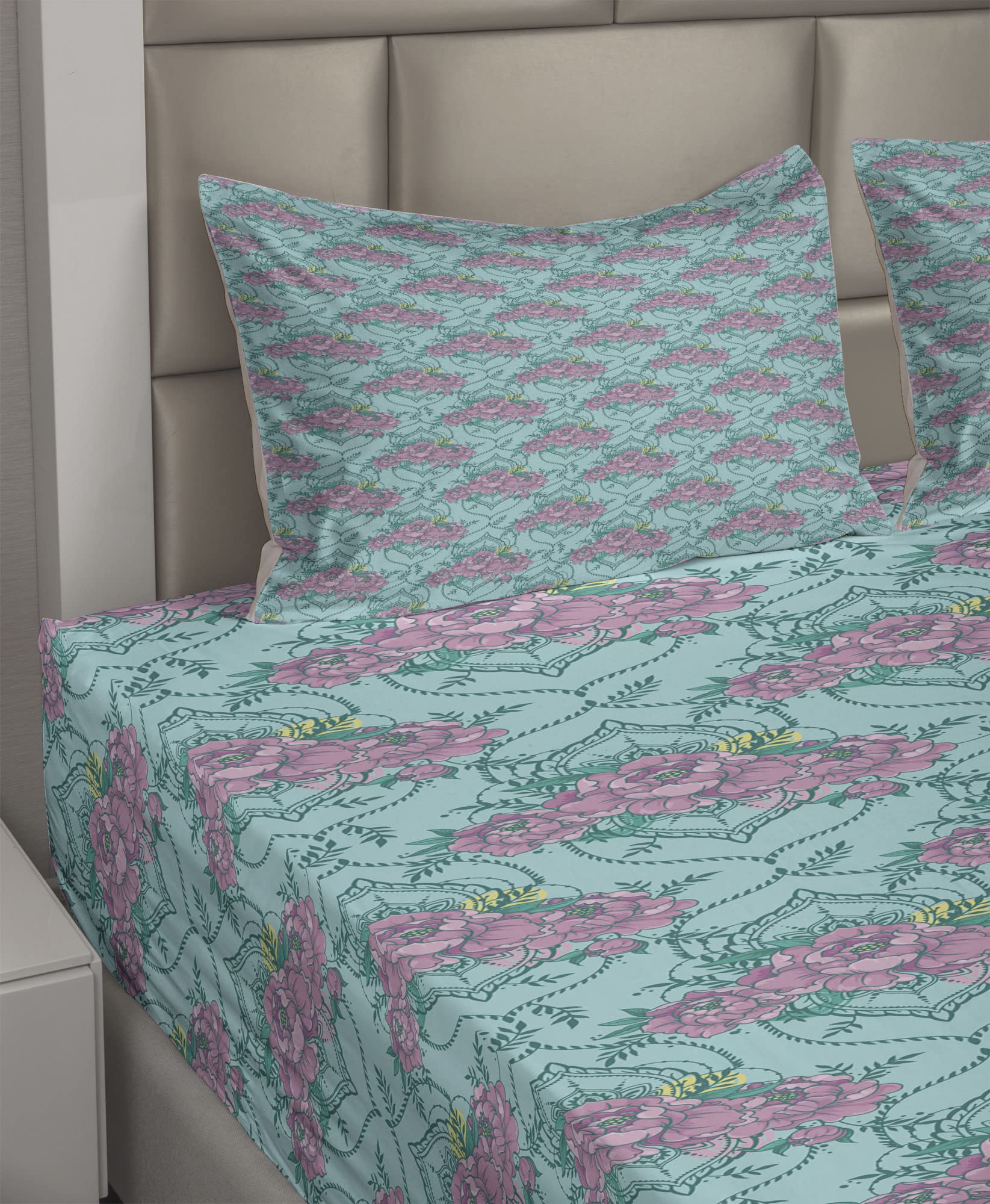 Ambesonne Floral King Size 4-Piece Sheet Set - Peony Design on Teal Blue Background, Soft Bedding with Fitted Sheet, Flat Sheet & 2 Pillowcases (Fuchsia & Teal) | Perfect for Spring Decor, Master Bedroom, Guest Room & Cozy Home Styling