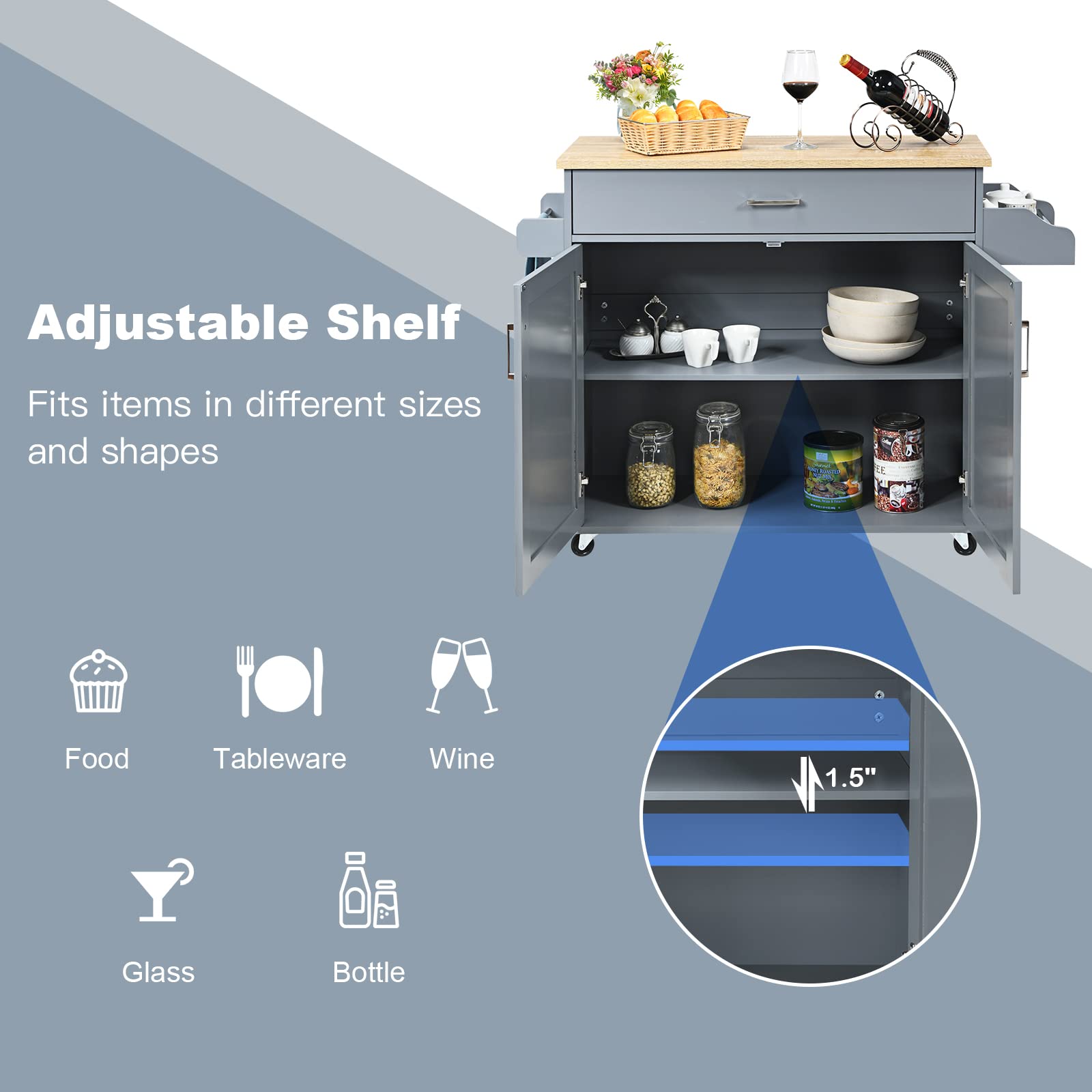 PETSITE Kitchen Island Cart with Storage Cabinet on Wheels - Mobile Kitchen Cart with Spice Rack, Towel Holder & Drawer - Grey Rolling Kitchen Island for Small Spaces, Apartments & Home Cooking