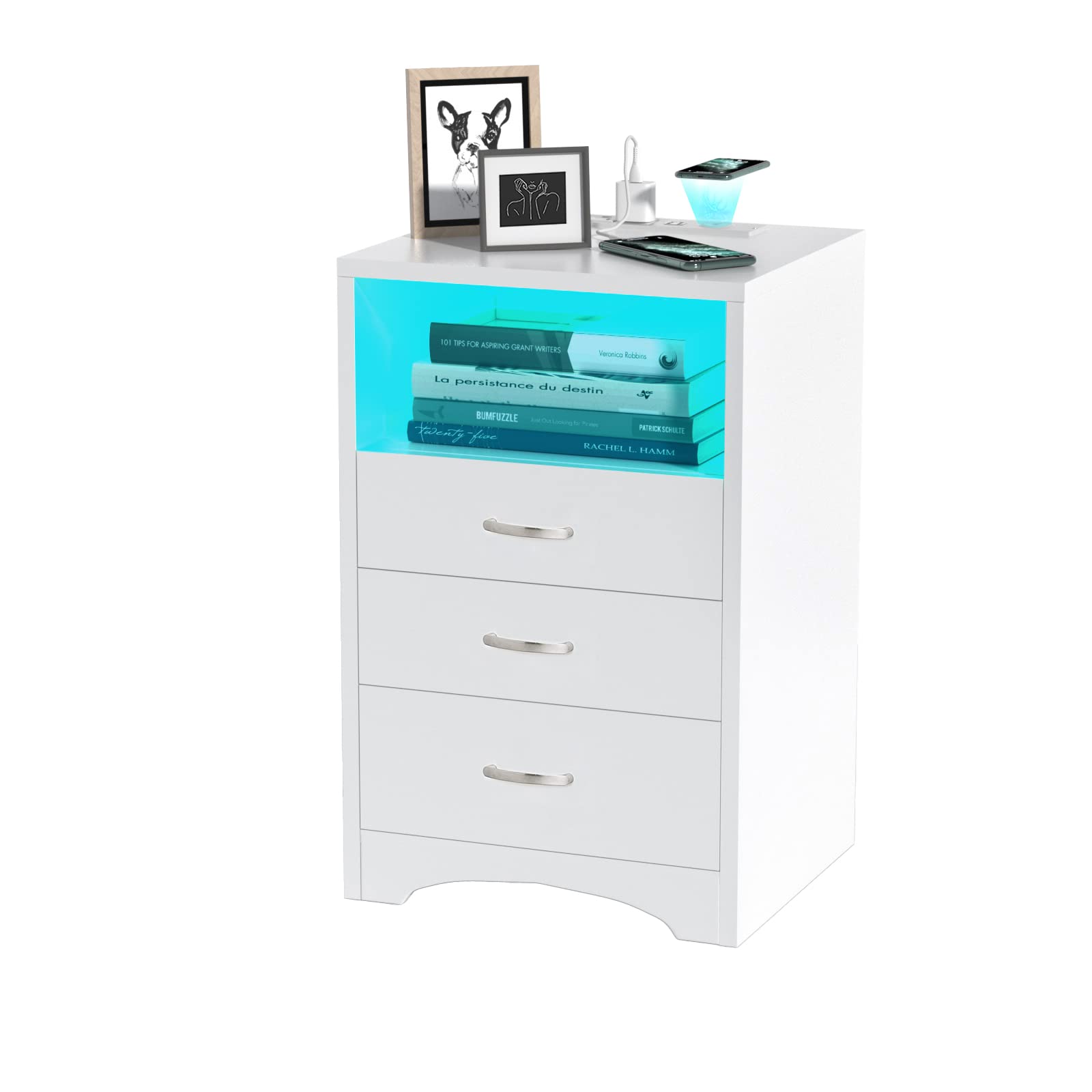 Modern White Nightstand with Wireless Charging & LED Lights - 3-Drawer Wooden End Table with USB Ports - Bedside Cabinet for Bedroom, Living Room - Perfect for Phone Charging, Storage & Ambient Lighting