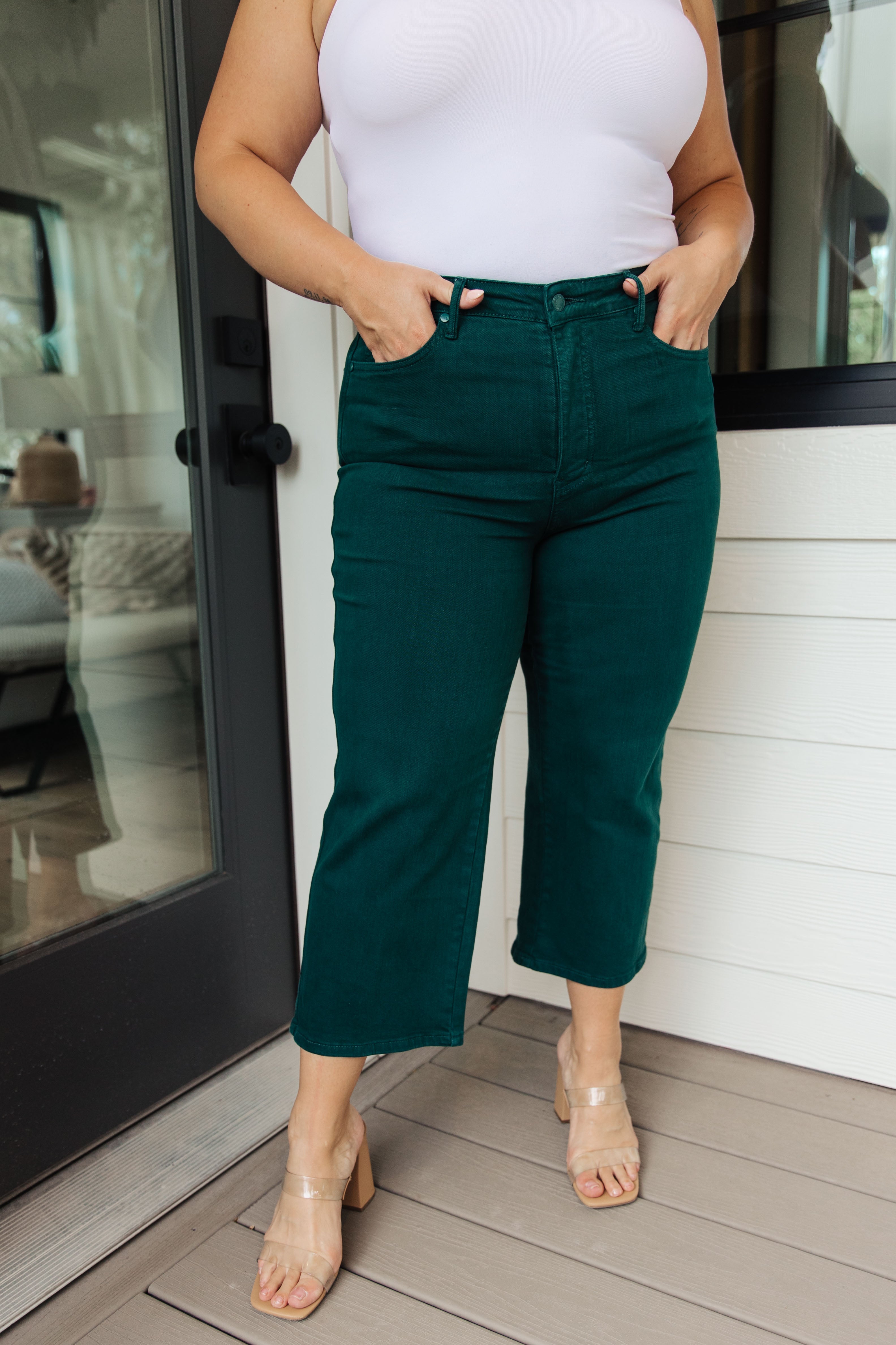Briar High Rise Control Top Wide Leg Crop Jeans in Teal | Women's Fashion Stretch Denim Pants | Perfect for Casual Outfits & Streetwear Looks