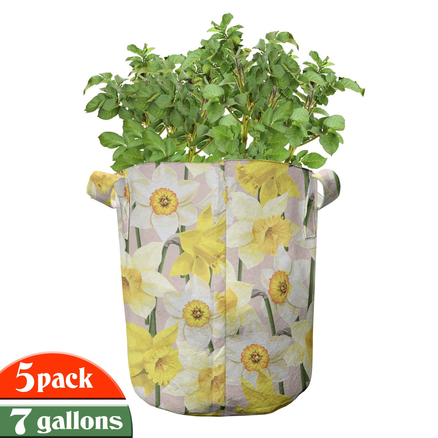 Lunarable 5-Pack Daffodil Grow Bags - Heavy Duty 7 Gallon Fabric Plant Pots with Handles for Bedding Plants (Yellow/Green/Tan) - Perfect for Indoor Gardening, Outdoor Planting & Flower Beds
