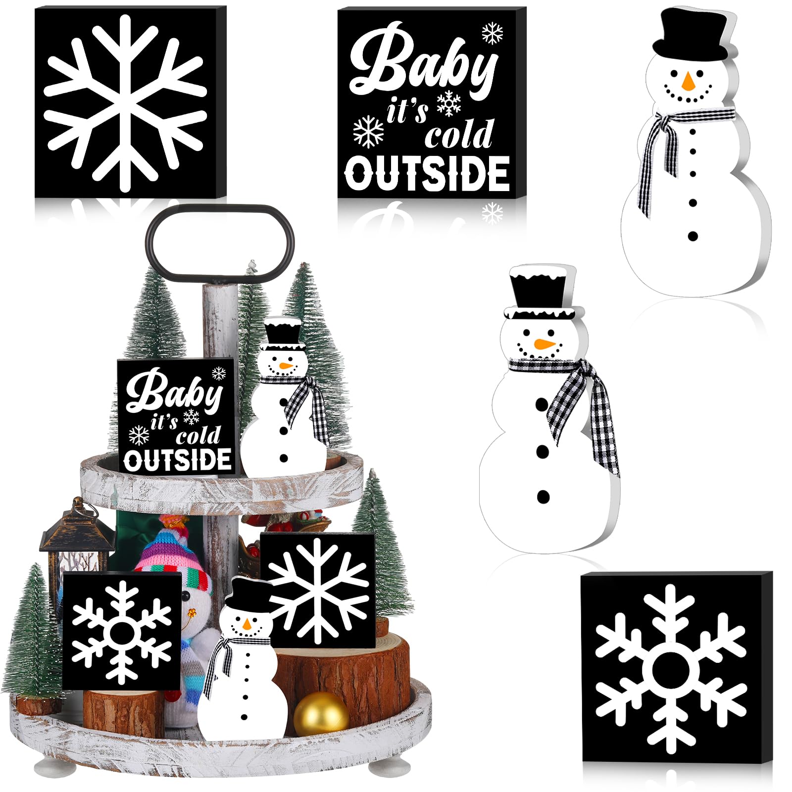 Soaoo 5-Piece Winter Farmhouse Decor Set - Snowman Tiered Tray Decor with Wooden Signs for Holiday Shelf, Kitchen, Coffee Bar & Home Table Decoration - Perfect for Christmas Gifts & Winter Home Styling (Snowflake Design)
