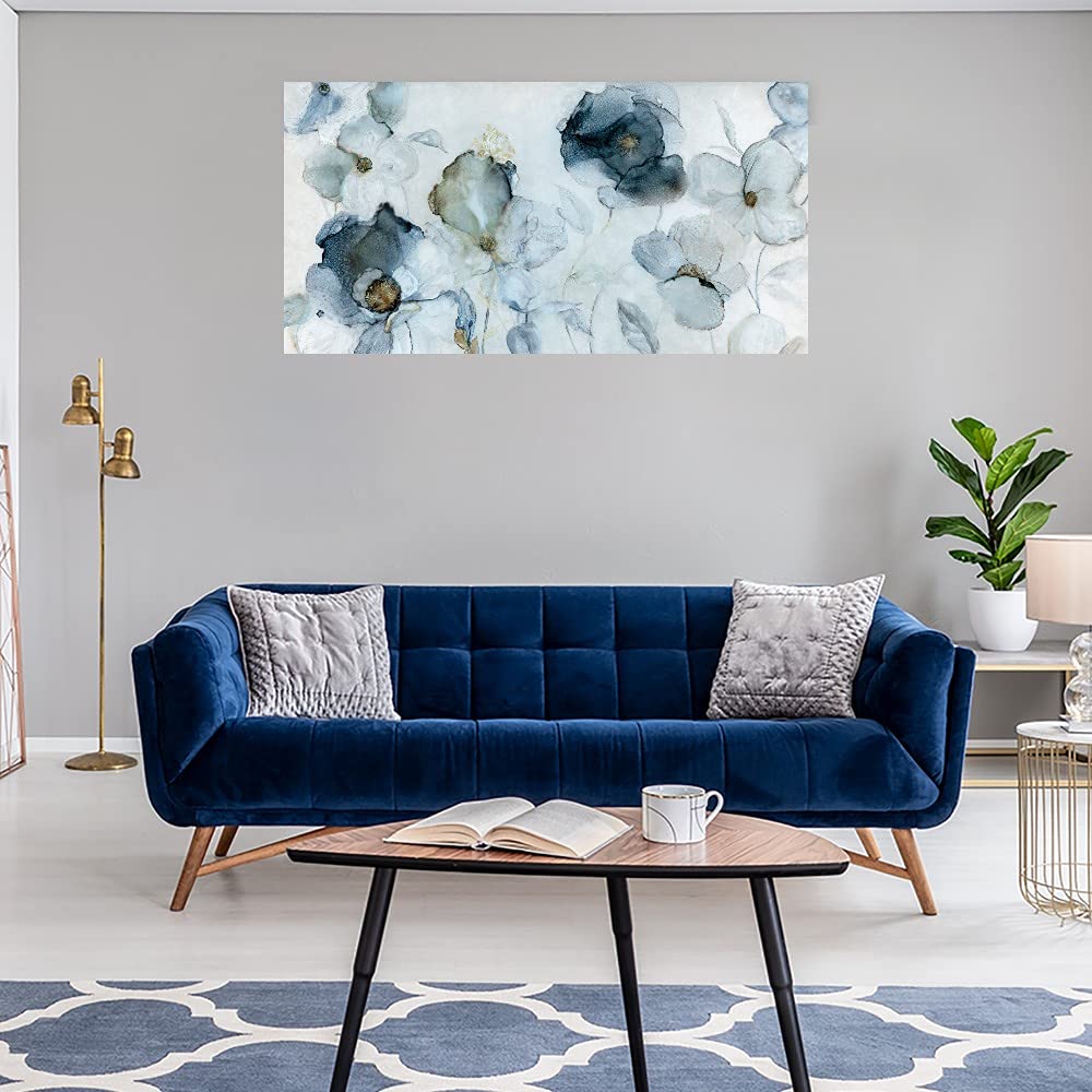 Hand-Painted Floral Indigo Canvas Wall Art by Carol Robinson - 56x29 Inches - Ready to Hang for Living Room, Bedroom, Office Decor - Perfect for Home & Commercial Spaces