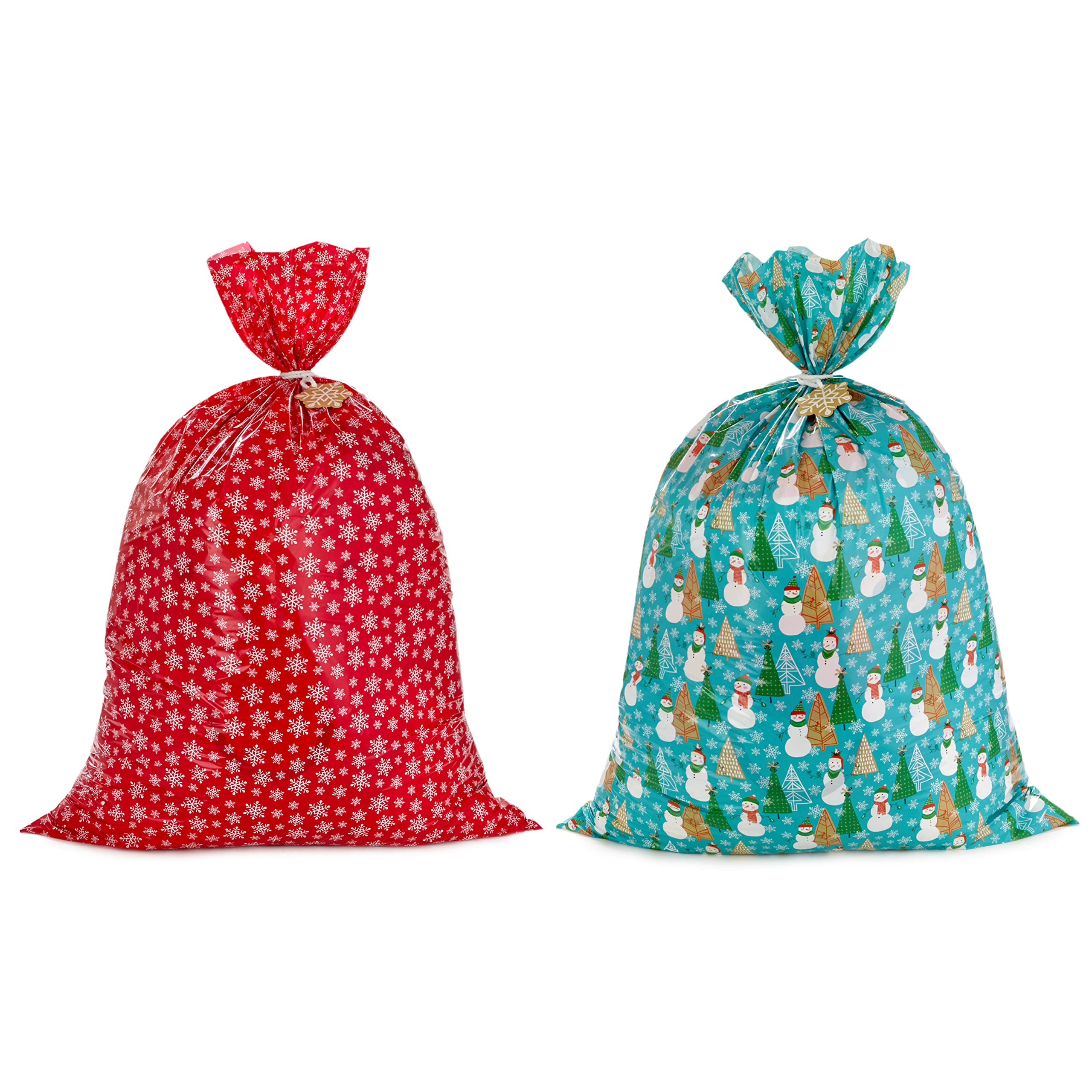 Hallmark Jumbo Plastic Holiday XL Gift Bags (2 Extra Large Bags: Snowflakes on Red, Rustic Snowmen) for Carry-on Luggage, Giant Stuffed Animals, Bedding Sets - Perfect for Christmas Gifts, Travel Storage & Home Organization