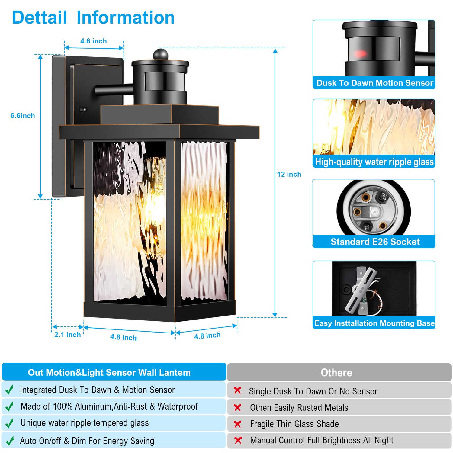 Outdoor Motion Sensor Porch Lights - Waterproof & Rustproof Aluminum Wall Sconce, Dusk to Dawn Exterior Lighting Fixture, Modern Black Gold Finish (2 Pack) - Perfect for Patio, Front Door, Garage & Backyard Security Lighting