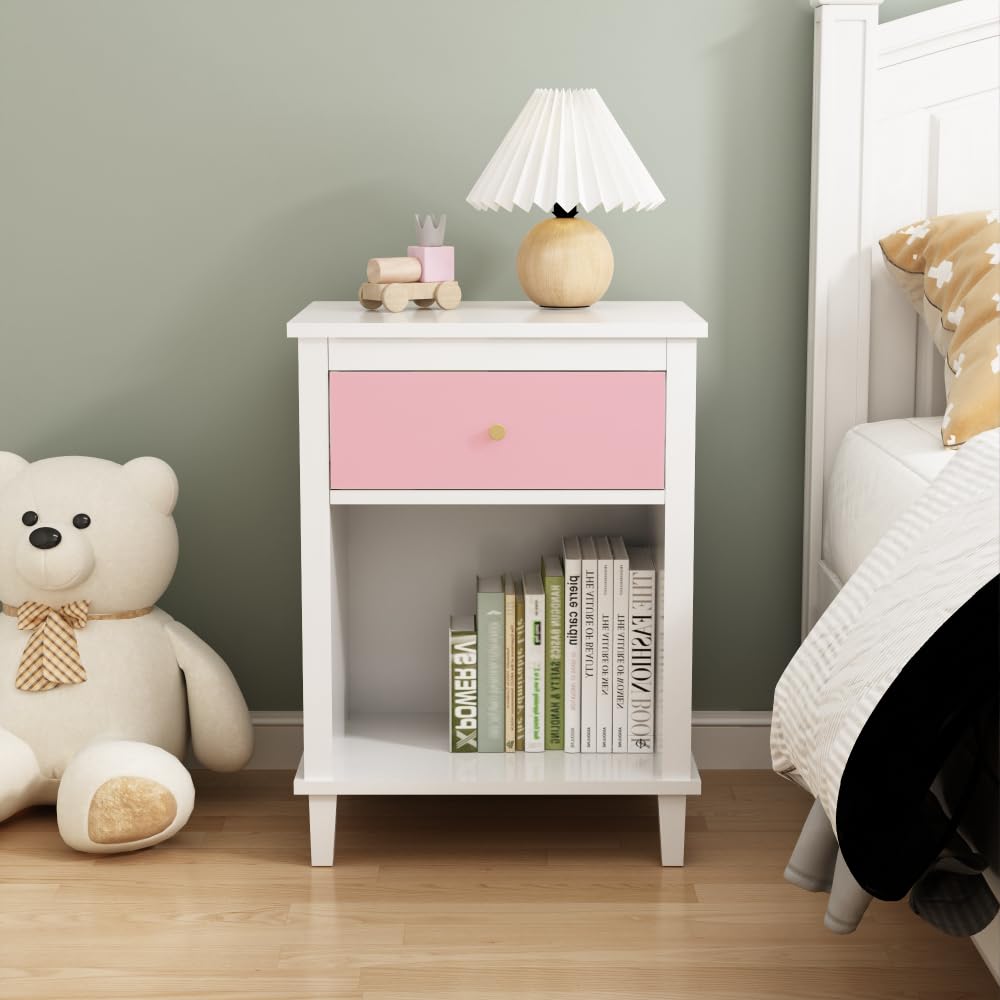 Modern Kids Nightstand with Drawer & Open Shelf - Wooden Toddler End Table for Boys & Girls - Pink, White & Multi-Color Options - Perfect for Bedroom, Living Room & Nursery Storage Organization