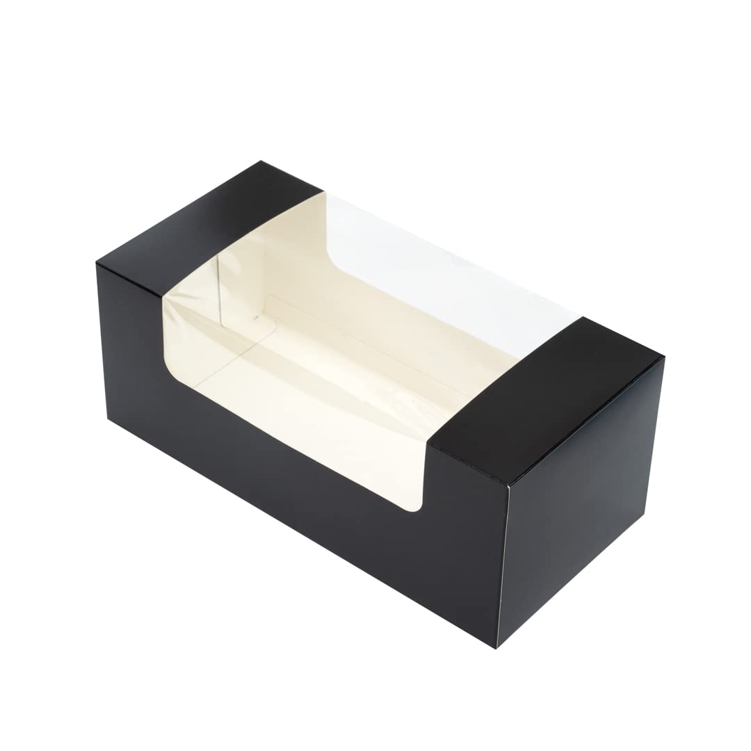 Restaurantware Pastry Tek 9.8 x 4.7 x 3.9 Inch 100-Pack Disposable Donut Boxes with Clear Window | Easy Assembly Black Paper Cookie Packaging for Muffins, Cupcakes & Mini Cakes | Perfect for Bakeries, Cafés & Catering Events