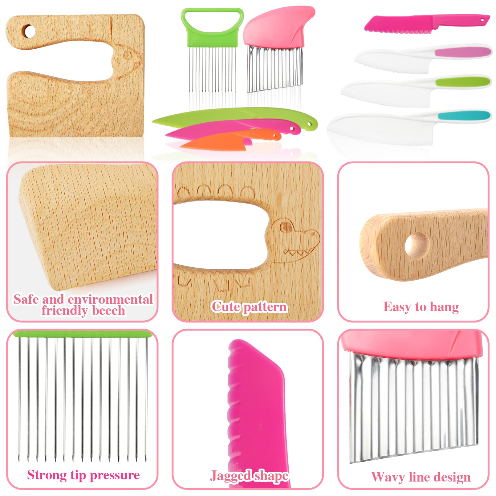9PCS Kids Plastic Knife Set - BPA-Free Toddler Safe Knives for Real Cooking, Includes 6 Plastic Knives & Wooden Safe Knives with Potato & Onion Slicers - Perfect for Fruit Salad, Bread & Veggie Prep (Crocodile Style) - Ideal for Montessori Learning & Kids Kitchen Activities