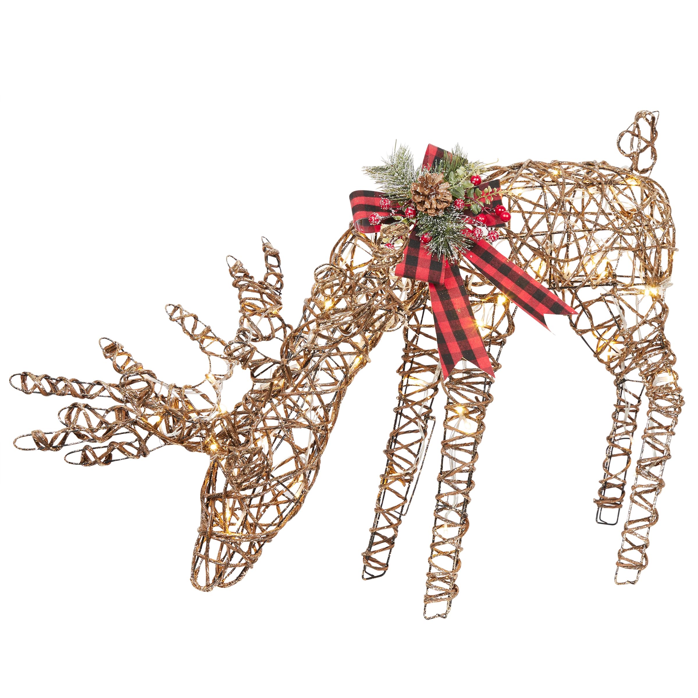 Rattan Grazing Reindeer with Bow and LED Lights Décor – Perfect for Christmas, Holiday Home Decor, and Festive Gift Ideas