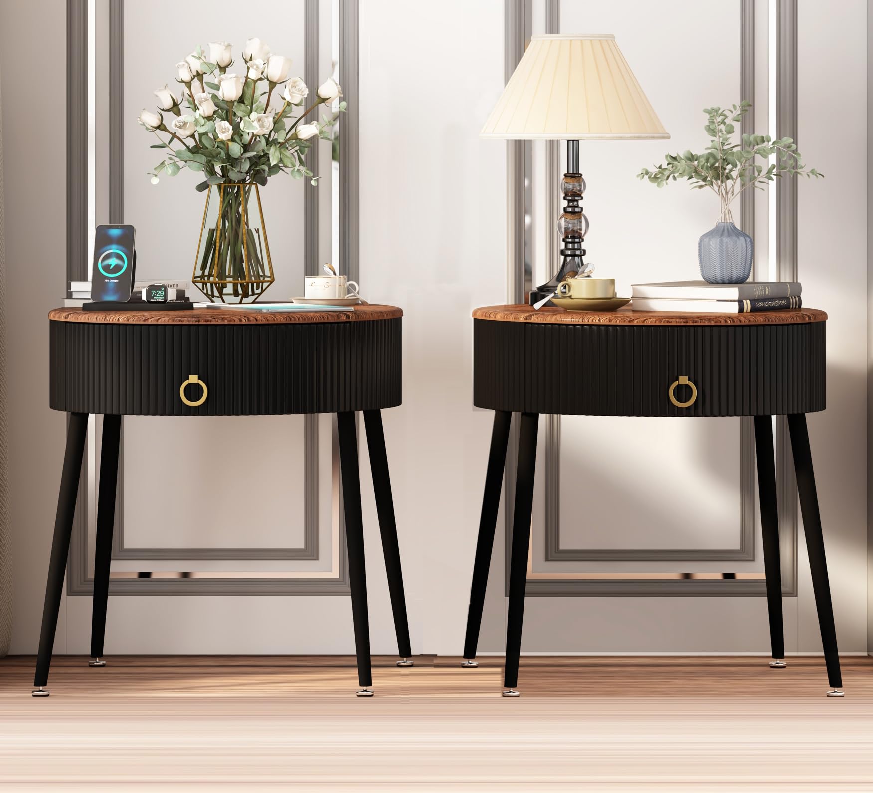 2-Piece Round Side Table Set with Drawer - Modern Nightstand for Bedroom, Living Room, Office & Dorm - Rustic Brown & Black End Tables for Small Spaces | Perfect for Reading Nook, Guest Room & Apartment Decor