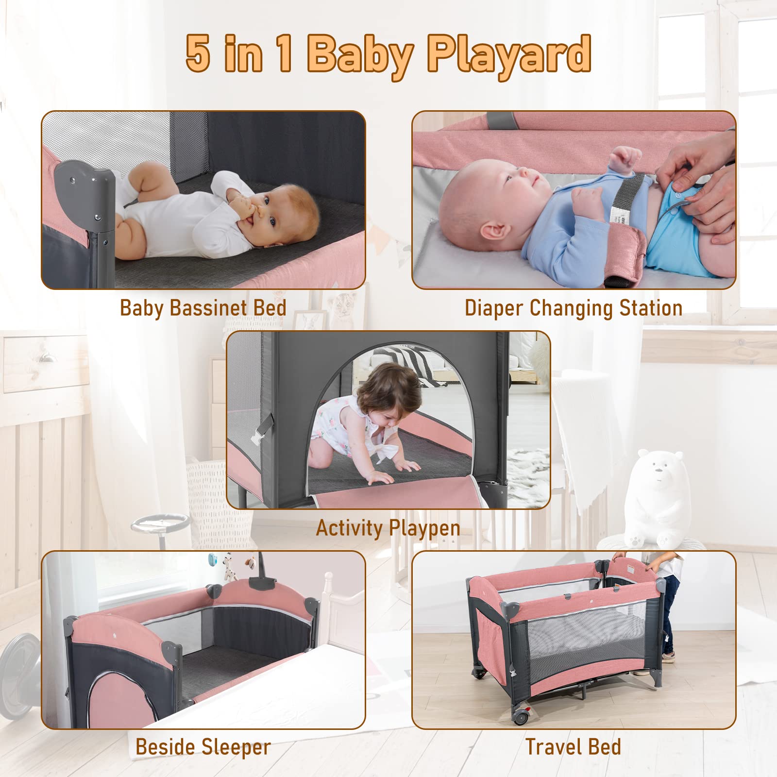 5-in-1 Portable Baby Crib with Bassinet, Changing Table & Playpen - Travel Sleeper with Mattress, Toys & Music Box for Newborns, Infants, Boys & Girls (Pink) | Perfect for Nursery, Bedroom & Travel Use