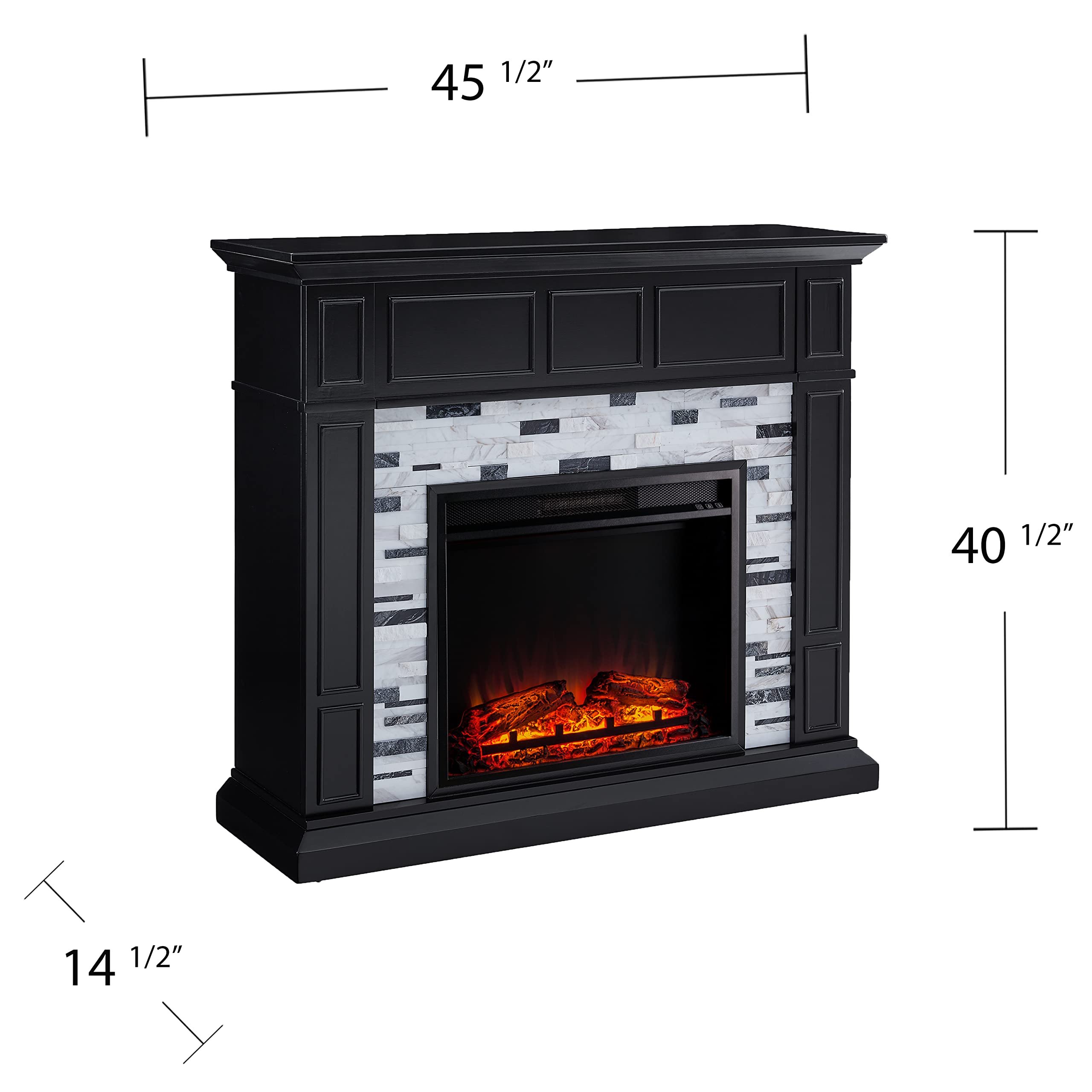SEI Furniture Drovling Modern Black Marble Electric Fireplace - Indoor Heating for Living Room, Bedroom & Office