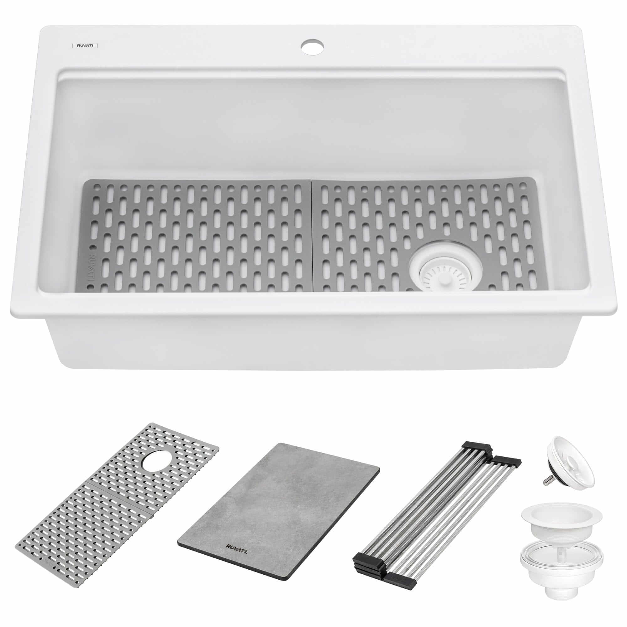 Ruvati EpiStage 33-Inch Undermount Granite Composite Kitchen Sink - RVG1302WH White | Durable Workstation Sink for Food Prep, Dishwashing & Multi-Tasking in Modern Kitchens