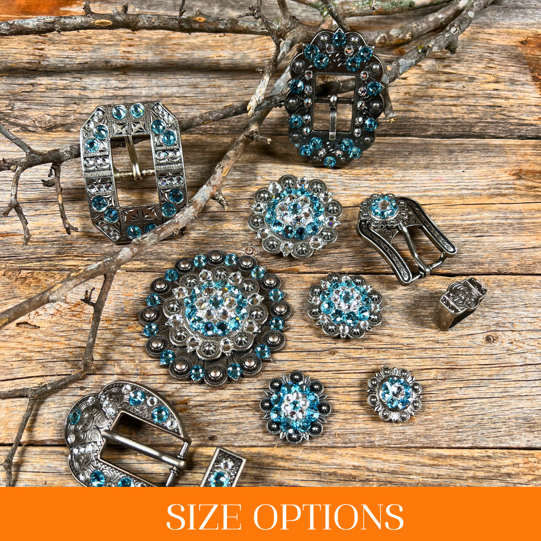 Vintage Silver & Aqua Clear Crystal Conchos for Belts, Boots & Accessories - Sizes 1 to 3 with Matching Buckles - Western Style DIY Crafting & Leatherwork Supplies