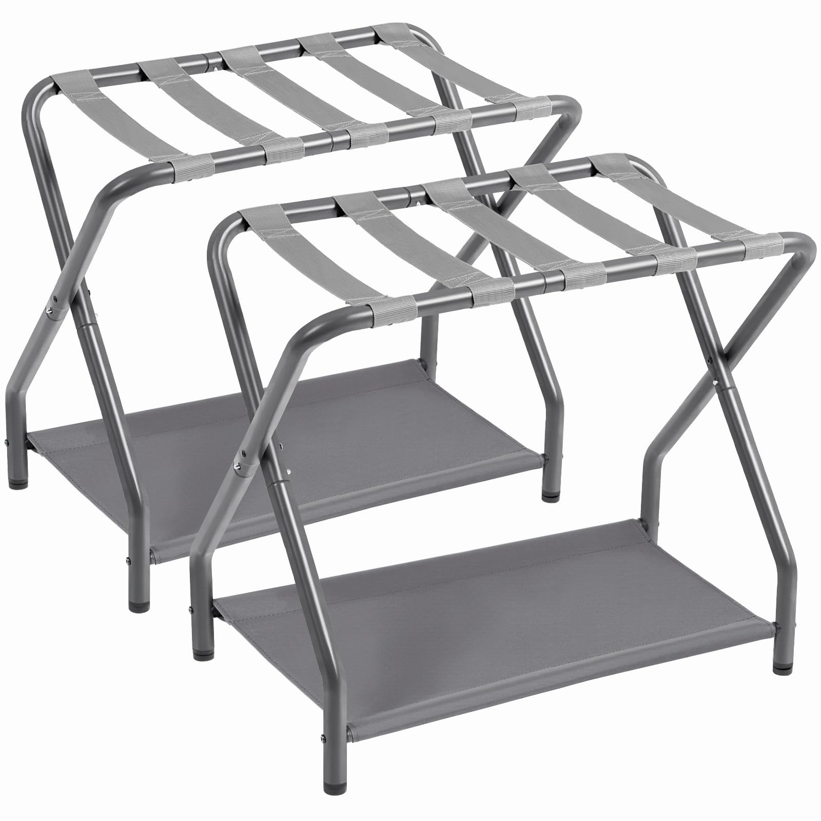 AMHANCIBLE Foldable Luggage Rack Set of 2 - Sturdy Metal Suitcase Stand with Storage Shelf for Bedroom, Guest Room & Hotel Use - Easy Assembly HLR02GY - Perfect for Travel Storage & Space-Saving Organization