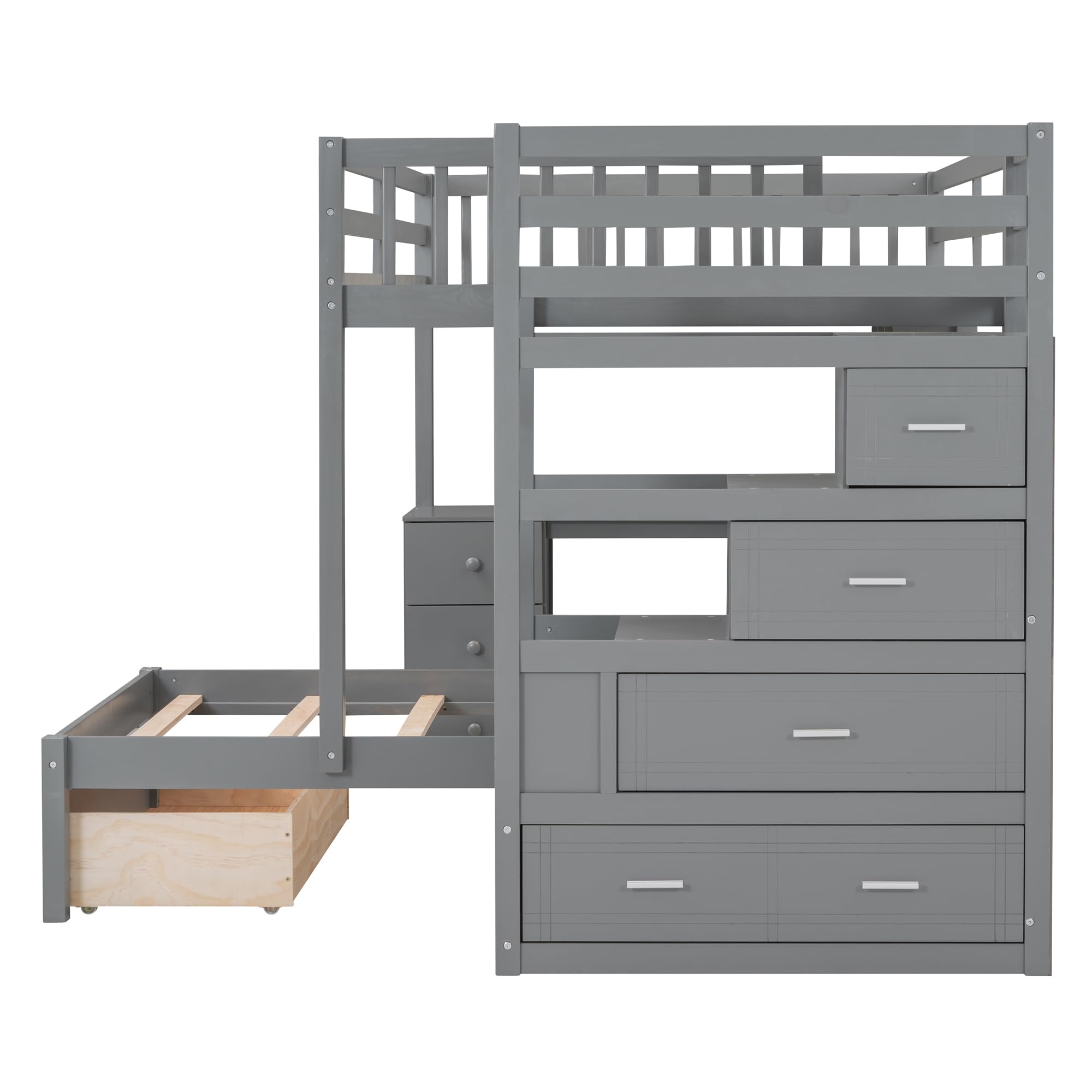 Harper & Bright Designs Full Over Twin Bunk Bed with Stairs - Space-Saving Wooden Loft Bed Frame with Storage Drawers, Desk & Shelves - Perfect for Kids' Bedroom, Dorm Room & Small Spaces (Gray)