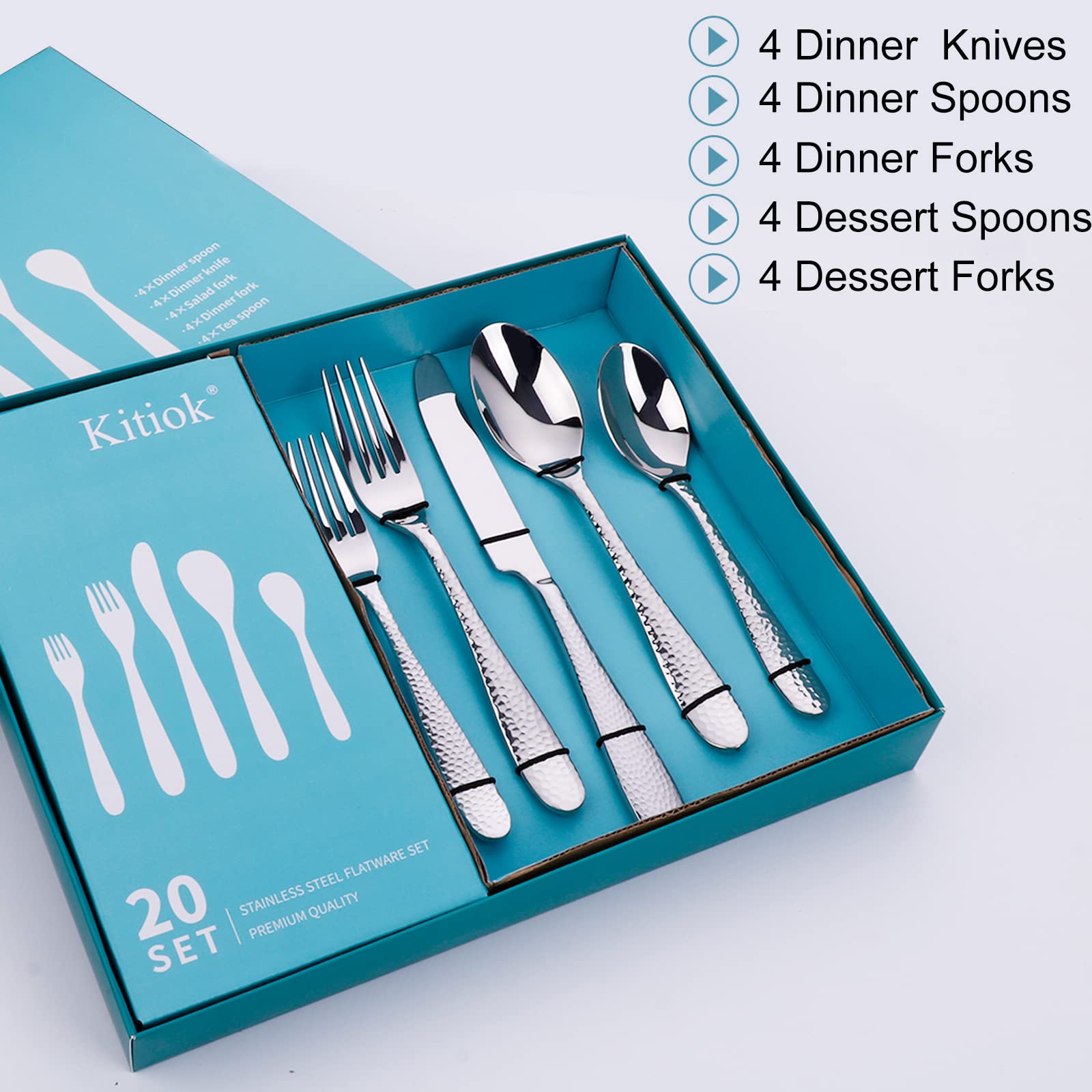 Premium Hammered Silver Silverware Set - Kitiok 20-Piece 18/10 Stainless Steel Flatware Set for 4, Elegant Cutlery Set Includes Forks, Spoons & Knives - Dishwasher Safe - Perfect for Dinner Parties, Weddings & Everyday Dining